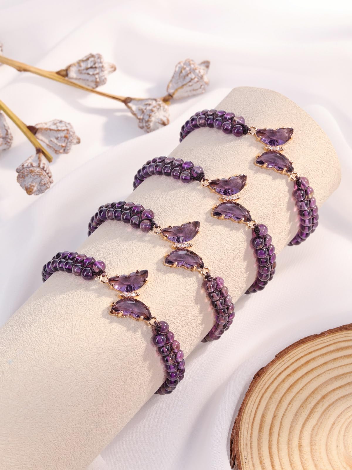 Top Plaza Healing Crystal Amethyst Bracelets for Women Purple Butterfly Natural Gemstone Beaded Bracelet Jewelry Gifts for Mom