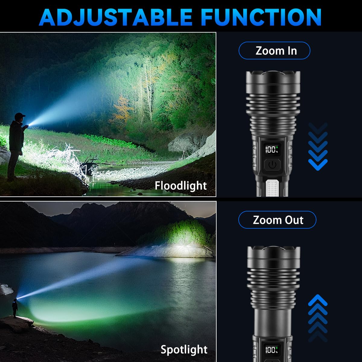 4Pack Flashlights High Lumens 9900FL, 7Mode Flashlight Rechargeable with LCD Digital Display, Rechargeable Flashlights with COB Light, Adjustable Super Bright Flashlight, Powerful Tactical Flash Light