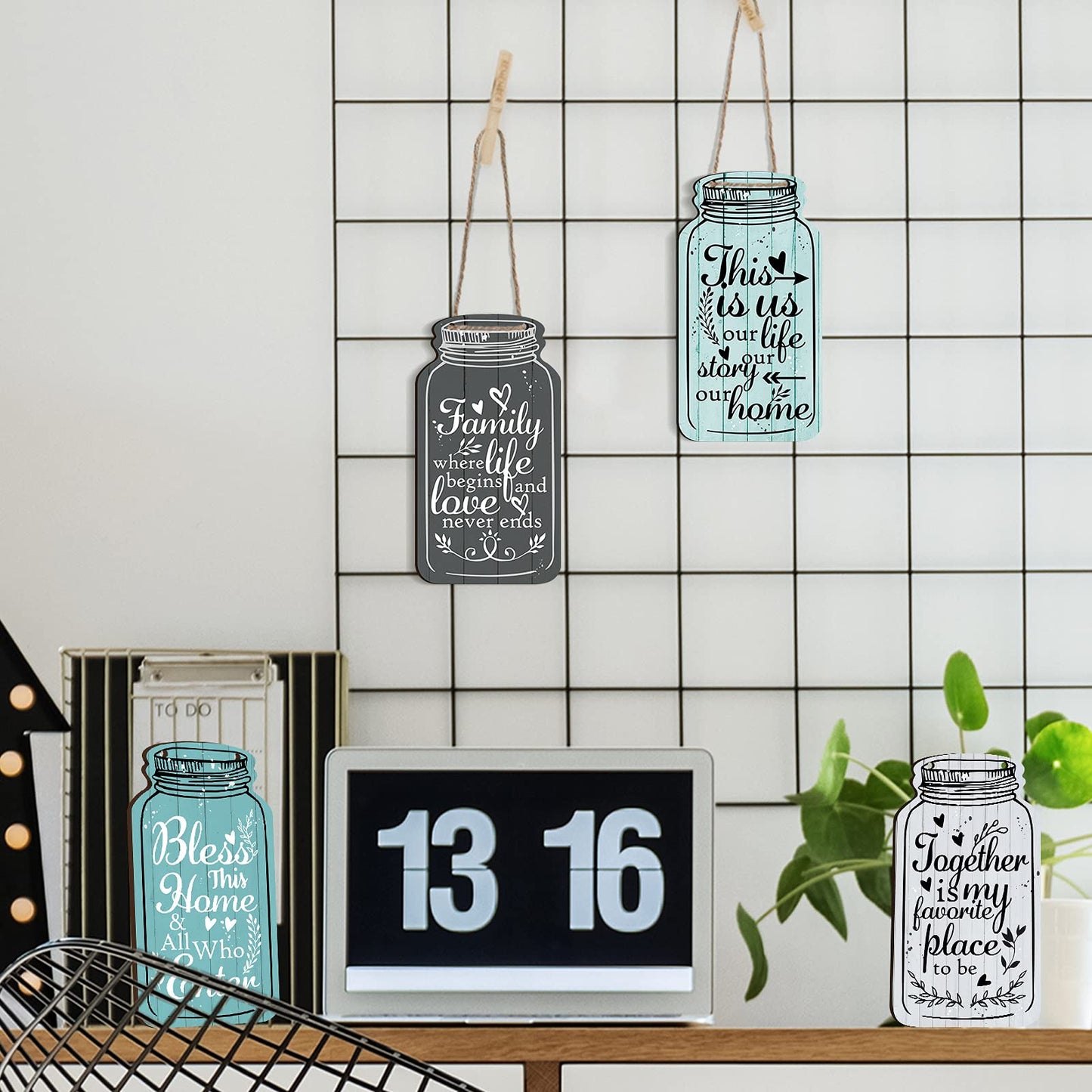 Jetec 4-Piece Mason Jar Wall Hanging Plaque Set - Rustic Farmhouse Decor Signs - Bless This Home, Family, Together, Love, Life, Home, Forever - Wooden Wall Mount - Approx. 8.3 x 4.5 x 0.24 Inches