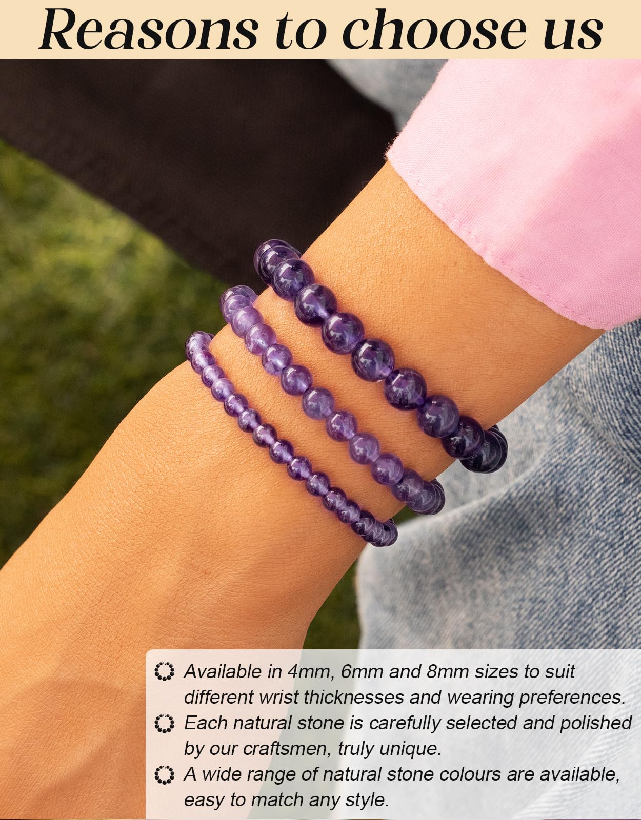 Landorilo Beaded Bracelet for Men Women, 4mm Natural Stone Amethyst Healing Crystal Stretch Bracelets, Ideal Christmas Birthday Jewelry Gifts with Energy Card，Replacement Beads Included