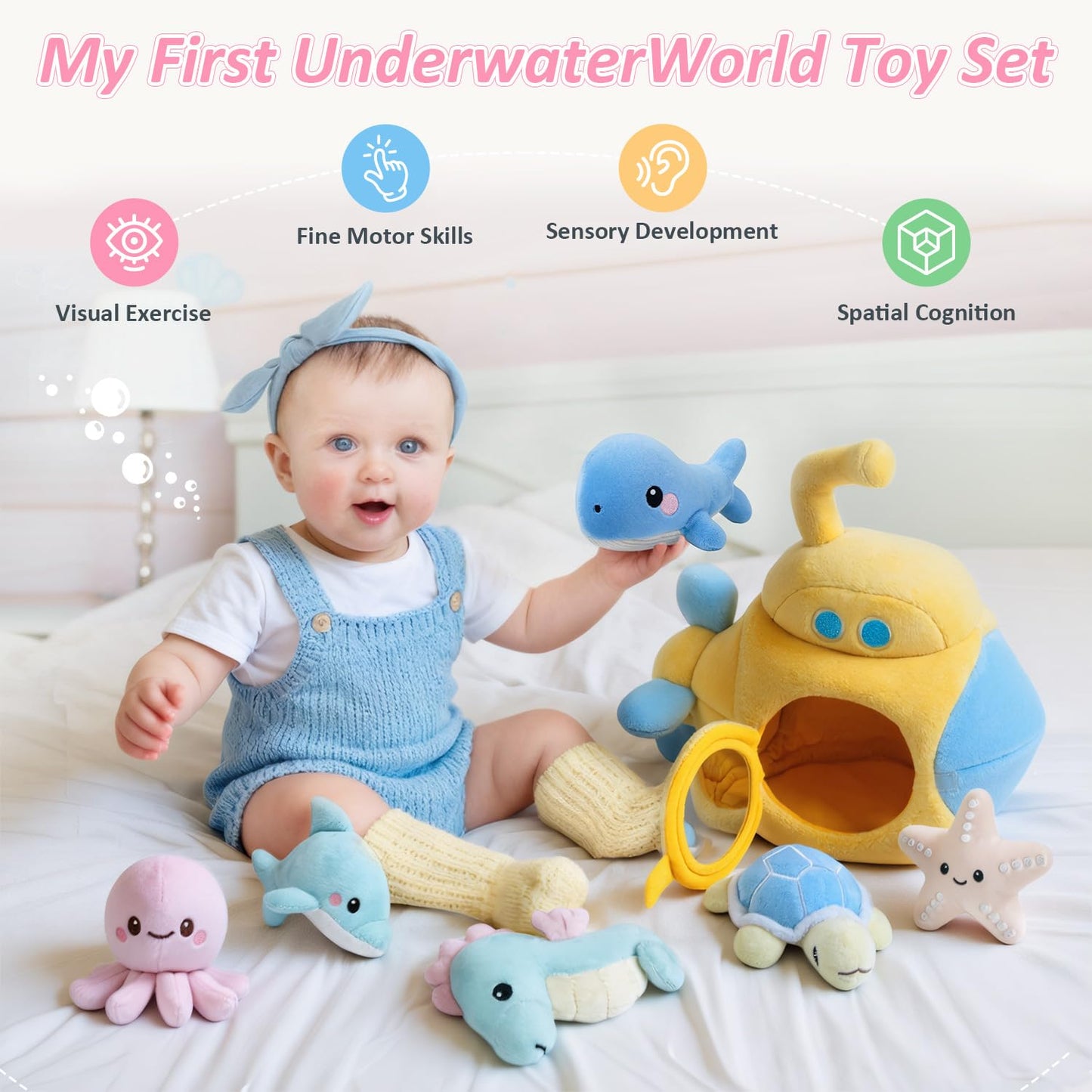 bopopo Submarine & Ocean Animals Baby Toys 6-12 Month, Sensory Toy Set with Whale, Dolphin, Starfish, Octopus, Turtle, Seahorse, Soft Montessori Toys for Infants 0-3