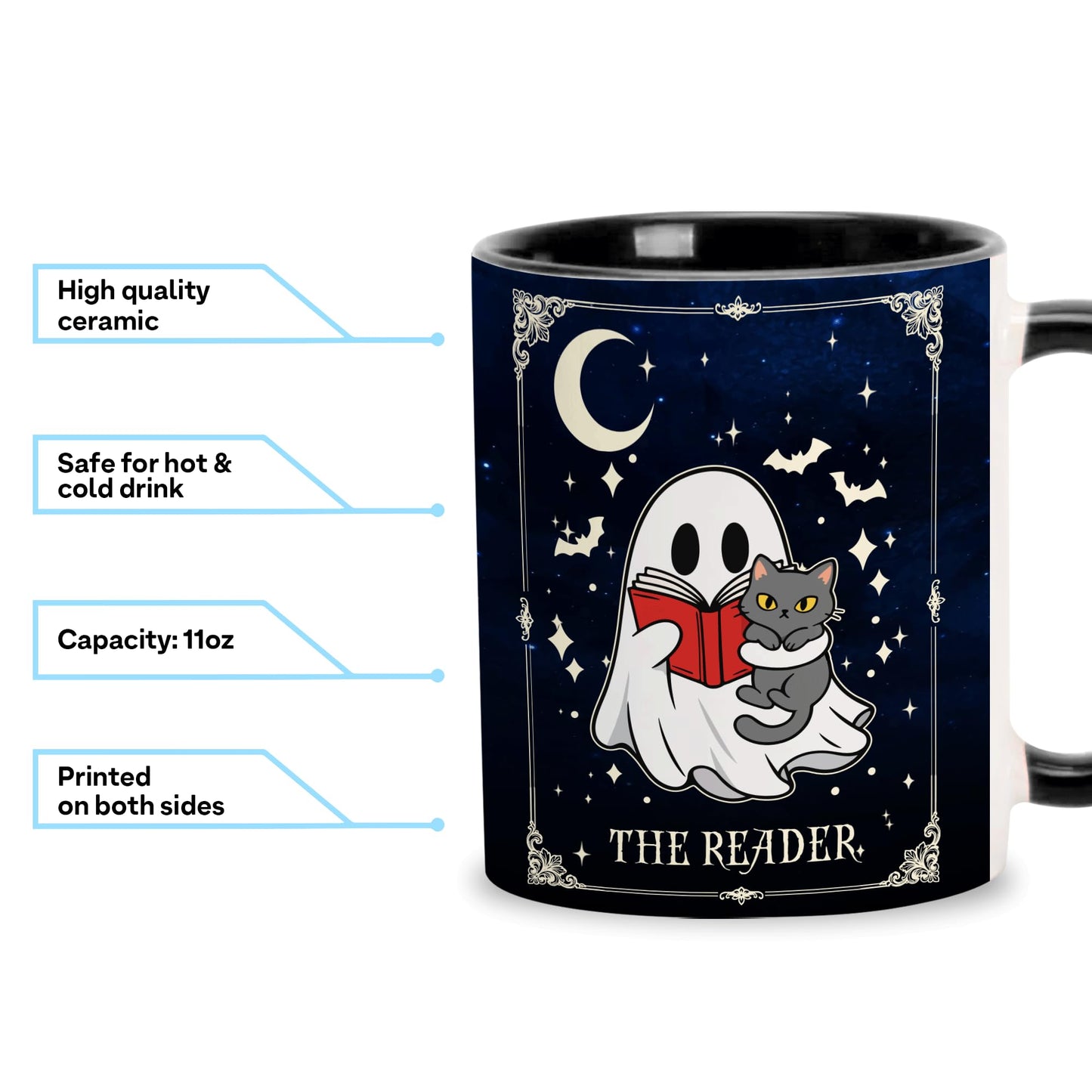 Hyturtle Cute Ghost Reading Coffee Mug with Spoon Gifts on Halloween Birthday, Funny Ghost with Cat Tarot Gifts, Book Lover Presents, Bookish Decor for Readers, Book Club Gift 11oz Ceramic Tea Cup