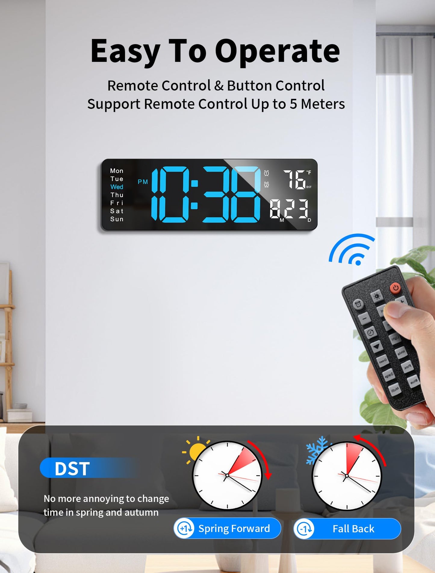 MASHI Digital Wall Clock, 16" Large Display Digital Clock with Remote Control, Auto-Dimming Wall Clock with Night Light, DST, Date Week,Temp for Living Room, Bedroom, Decor, for Elderly