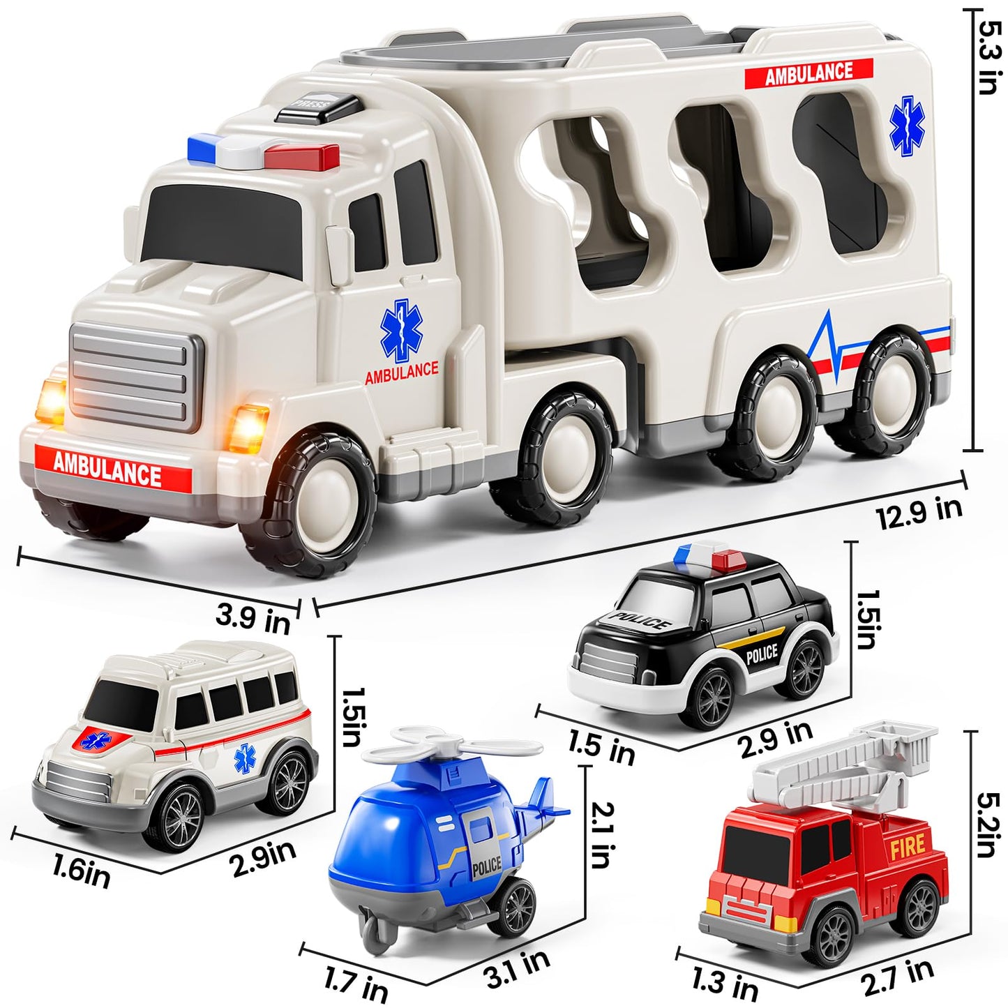 JUKUDAHU 5-in 1 Play Ambulance Toy Vehicle Toddler Truck Toys for 3 4 5 6 7 Year Old Boys - Friction Powered Cars with Light and Sound, Police Car, Fire Truck, Ambulance Car, Birthday Gifts for Kids