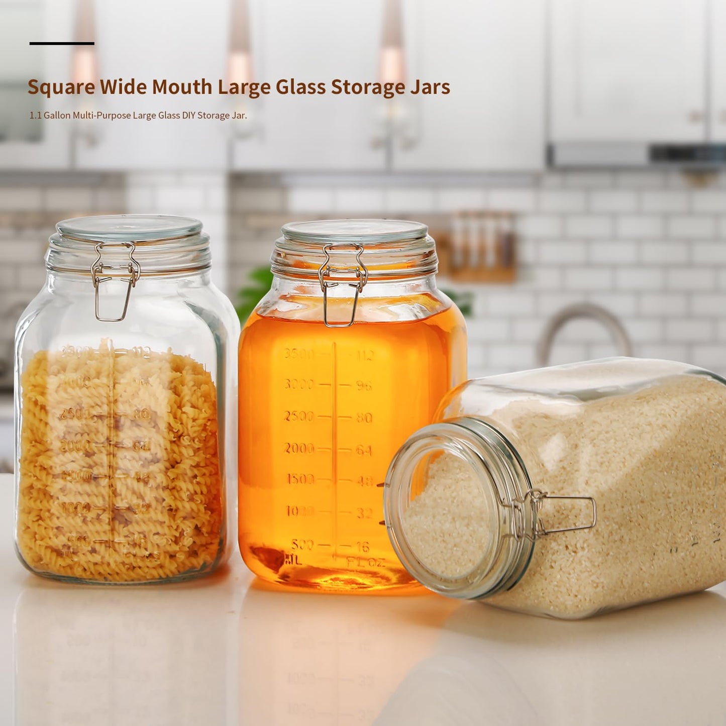 ZALSSKE 1.1 Gallon Large Glass Food Storage Jars with Airtight Lids,Set of 2 Square Wide Mouth Airtight Glass Storage Container,135oz Kitchen Mason Jar with Measurement Mark,for Flour Sugar Canning.