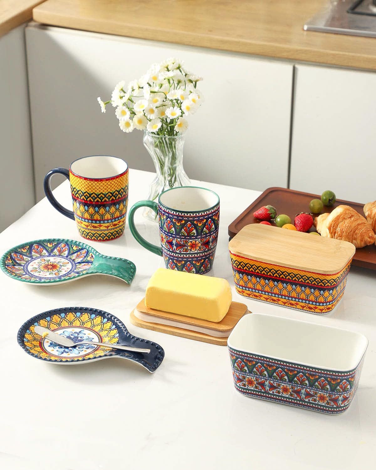 JINGUS Butter Dish - Large Ceramic Bohemian Butter Dish with Lid for Countertop, Airtight Butter Container Holder Keeper Box Storage with Bamboo Cover and Silicone Ring for East West Coast