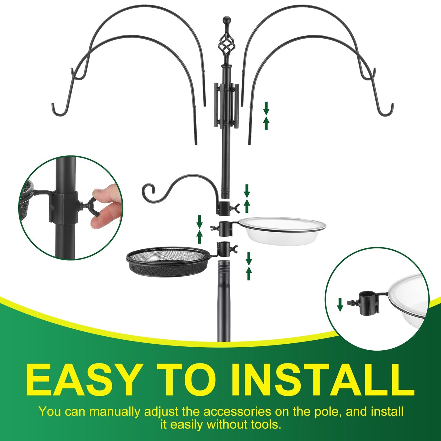 MorningRo Adjustable Shepherd Hook Stand, 34"- 55" Black Iron Shepherd Hook with Base for Plant Hanging, Wind Chime & Bird Feeder - Outdoor Garden Porch Decoration(Elegant Style)