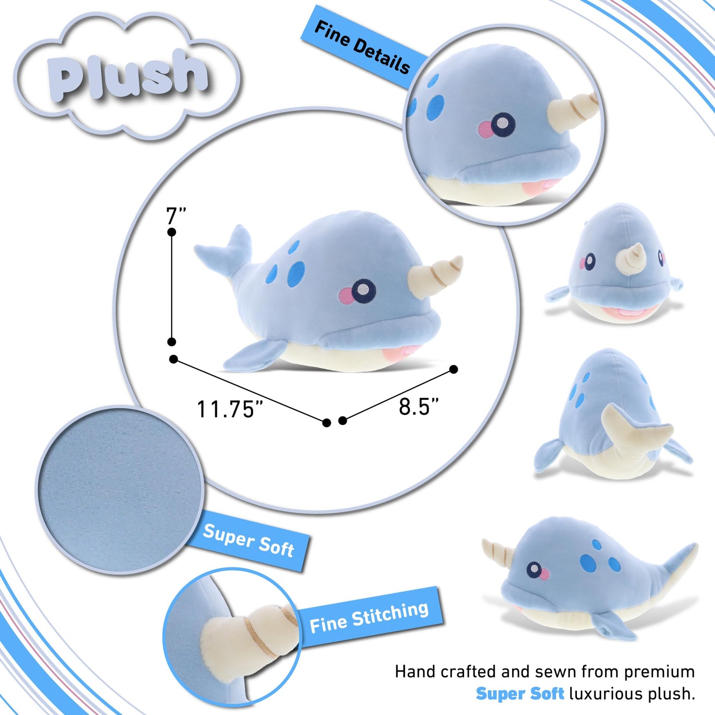 DolliBu Blue Narwhal Baby Soft Plush Toy, Newborn Babies First Stuffed Animal Cuddle & Snuggle Toys, Toddler's Huggable Best Buddy, Fluffy Teddy Bear - 11.75 Inch