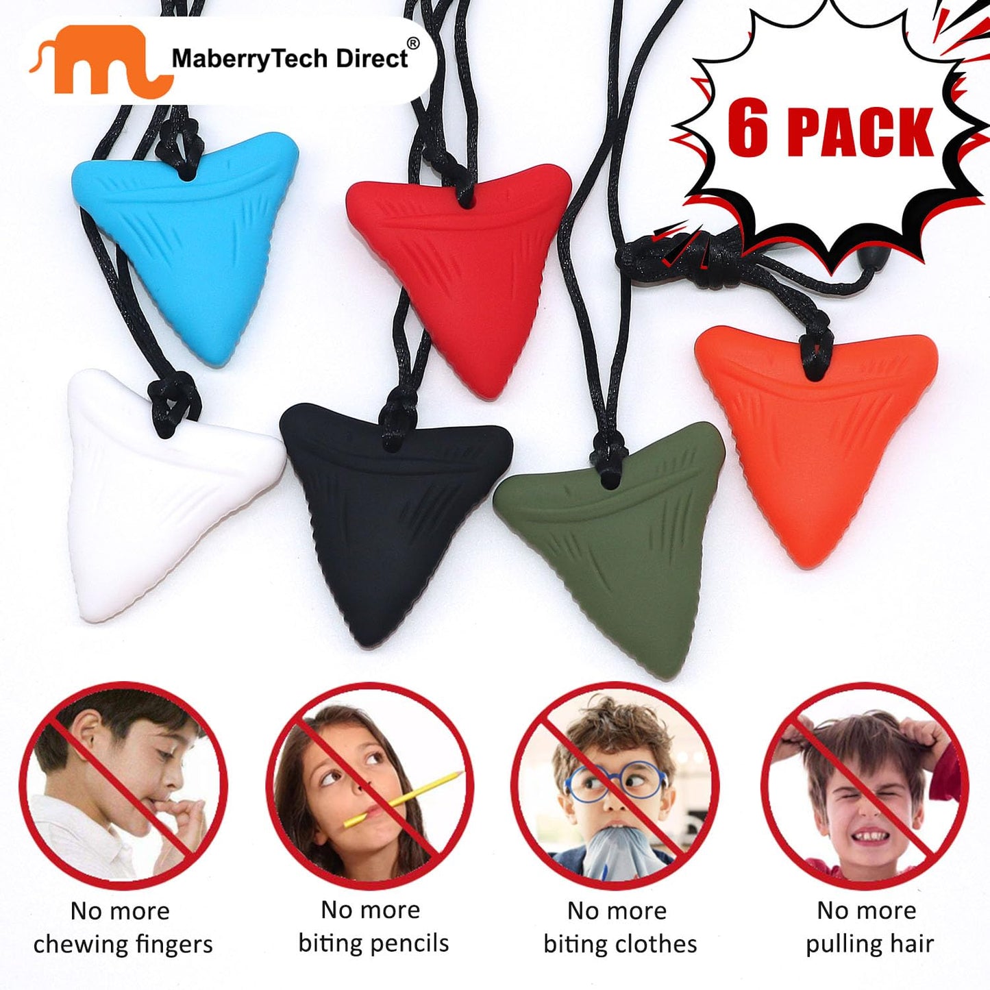 Sensory Chew Necklaces for Kids, Shark Tooth Silicone Chewy Necklace 6 Pack for Autism/ADHD/SPD, Autism Sensory Toys Reduce Chewing Fidgeting for Boys Girls Adults Chewer
