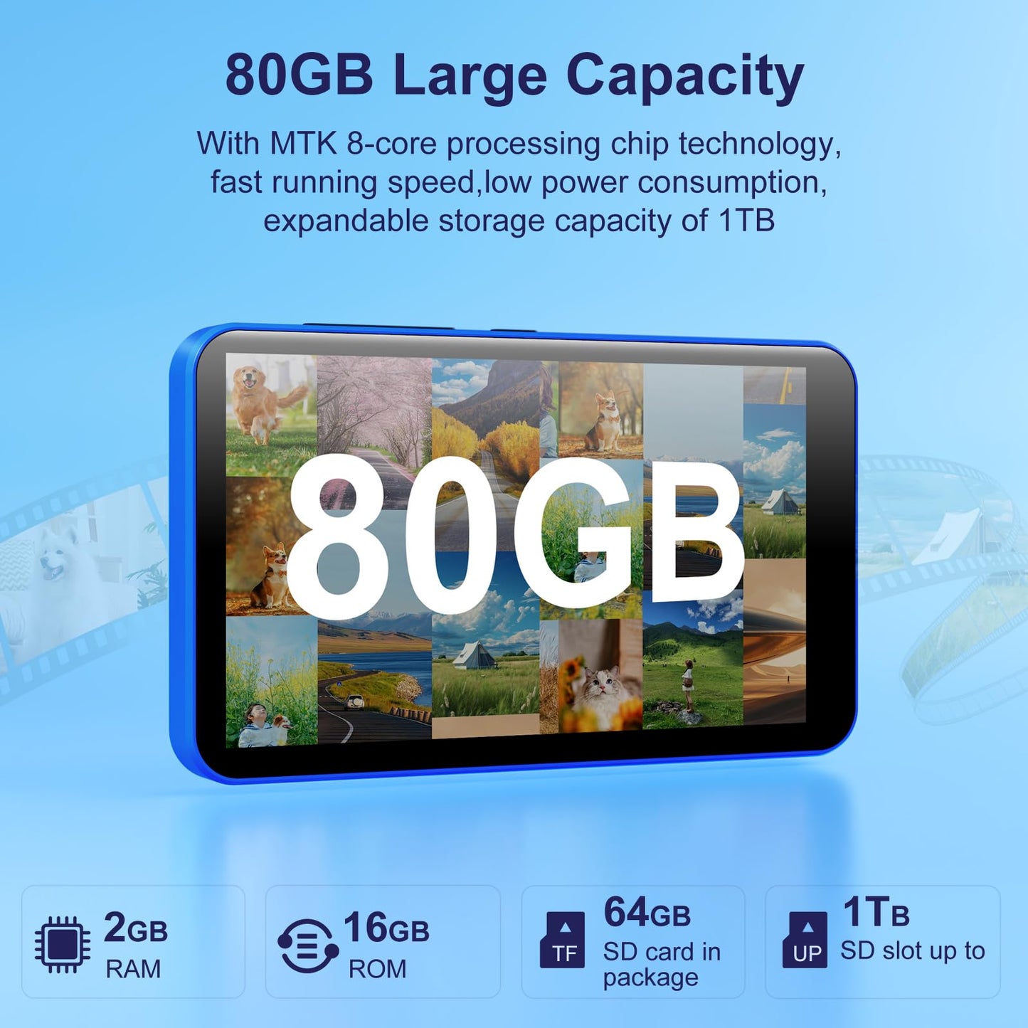 Fanvace 80GB MP3 Player with Bluetooth WiFi, 4" MP3 Players with Spotify, 2000mAh MP4 Player with Touch Screen, Android Music Player with Spotify Kids, Audible, Amazon Music, Play Store