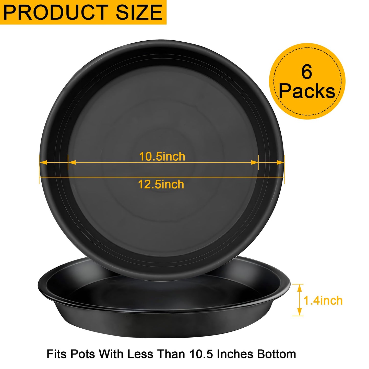 WYIPOLZI 6 Pack 12 Inch Plant Saucers Tray, Heavy Duty Plastic Plant Trays Drip Plates for Home & Garden Potted Plants, Water Trays Saucers for Pots Planter, Indoor Outdoor Use,Black
