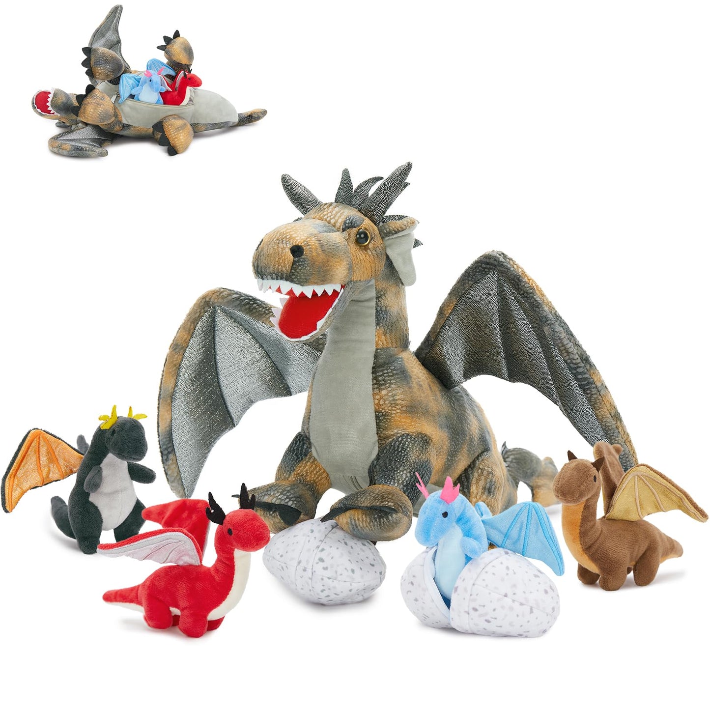 Karister 7Pcs Gray Dragon Plush Toy Set, Mother Flying Dinosaur Stuffed Animal with 4 Baby Dragon & 2 Eggs Inside, Dinosaur Stuffed Toy for Kids, Christmas Birthday Children's Day Gift for Boys Girls