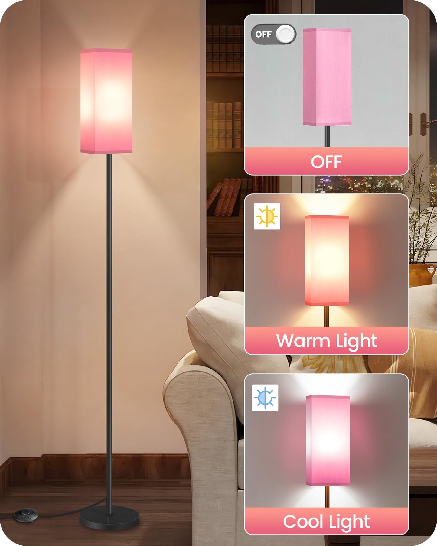 GOEBLESON Set of 2 Floor Lamps for Living Room, Modern Tall Standing Lamps with Foot Switches, Bulb Not Included, 64.6'', for Living Room, Bedroom, Study, Kids Room, Pink and Black P07LDP205W1