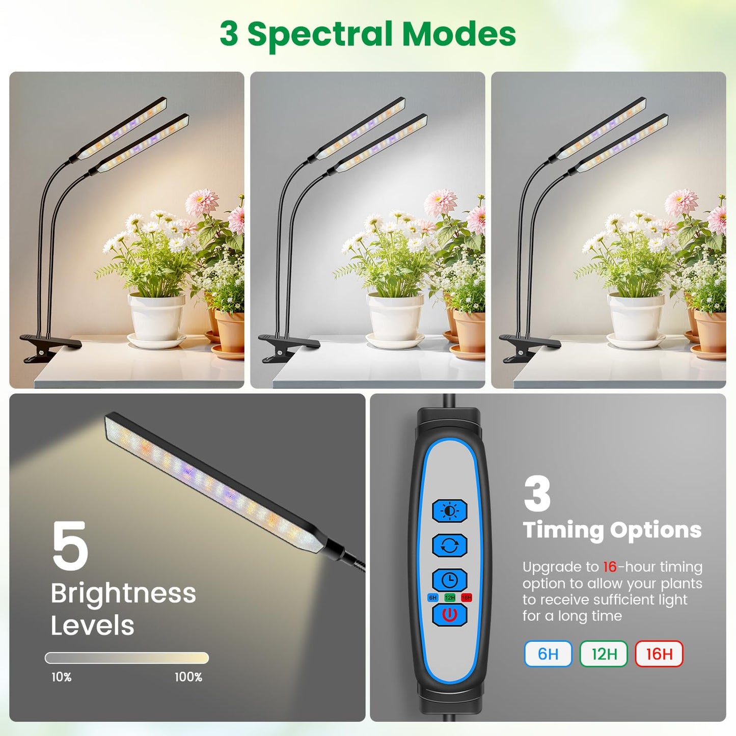 Aumtrly Grow Light Clip on 2 Pack, 228 LED Full Spectrum Plant Lights for Indoor Growing, 2 Head Black Arm Grow Lamp with Gooseneck, 6/12/16H Timer, 5 Dimming, 3 Light Mode