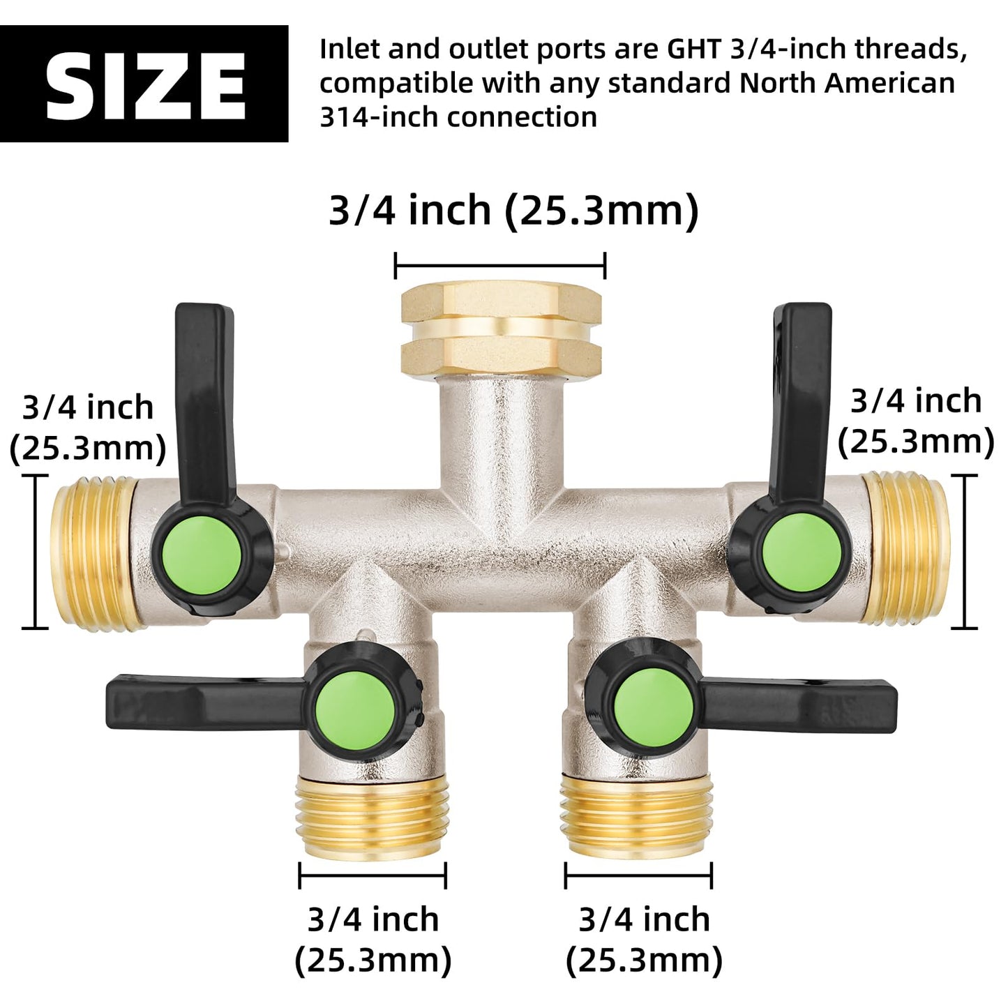 DINGBAI 4 Way Hose Splitter, Brass High Flow Garden Hose Splitter Heavy Duty, Hose Connector, Water Spigot Splitter, Full Flow Faucet Splitter with shutoff, 3/4” GHT Inlet