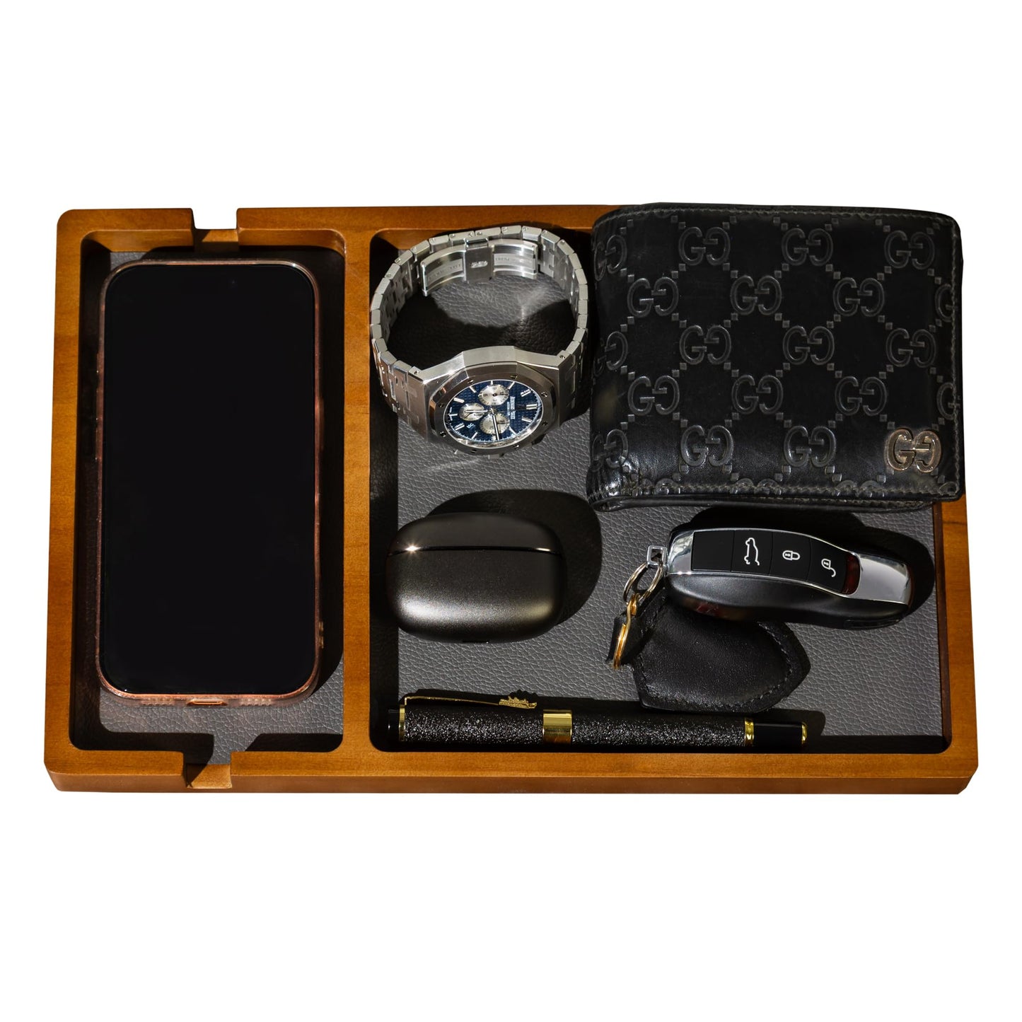 Shinpuru Wooden Valet Tray for Men, Nightstand Organizer with Leather Inlay, EDC Essentials Catchall Tray for Keys, Phone, Wallet, Watch, Earbuds - Bedside Desk Entryway Tray (Wood-Phone)