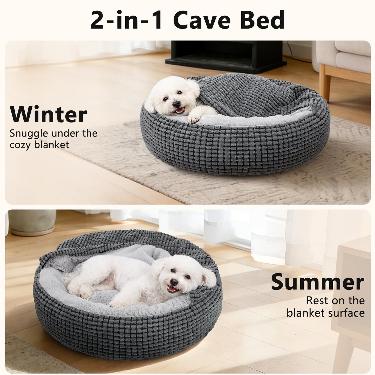 SIWA MARY Small Dog Bed with Attached Blanket, Cozy Donut Cuddler Anti-Anxiety Hooded Pet Beds Calming Cave Bed. Orthopedic Round Puppy Beds for Dogs or Cats Washable, Anti-Slip Bottom, 23inch