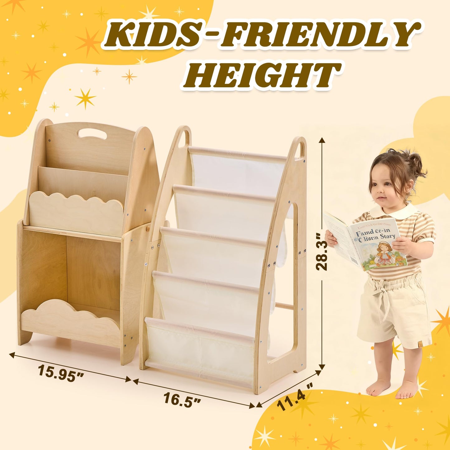 JooKiddie Kids Bookshelf and Toy Storage, 5-Tier Sling Toddler Bookshelf, 3Pcs Modular Wooden Book and Toy Storage Organizer, Children Bookcase for Kids Room Playroom Nursery