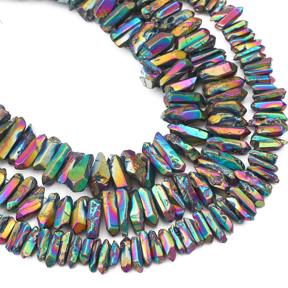 BEADIA Rainbow Titanium Coated Crystal Quartz Spike Point Stick Beads Polished 1.0"-1.5" for Jewelry Making 15 Inch/Strand