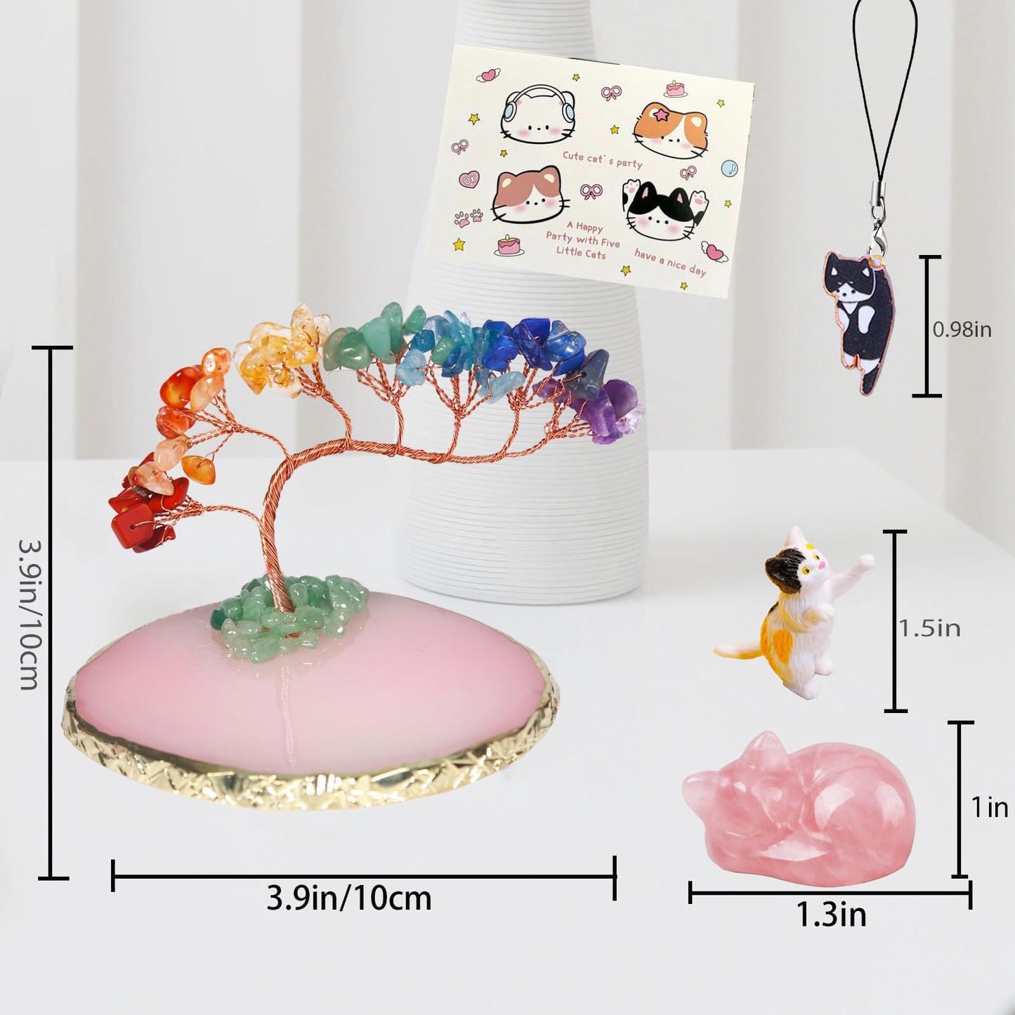 Dreamgirnh Opal Cat Chakra Crystal Tree and Healing Stones Cute Sleeping Cat Statue Lucky Kitten Figurine Office Bedroom Home Desk Fairy Garden Decoration cat Lovers Gifts for Women (Rose Quartz)