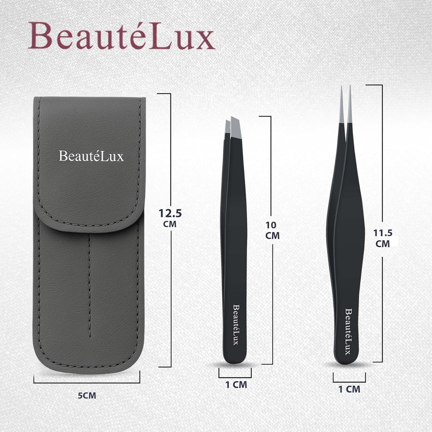 BeautéLux Precision Tweezer Set – Slant & Pointed Tip Stainless Steel Eyebrow Tweezers with Leather Pouch, Professional Hair Removal for Ingrown Hair, Chin, Splinter & Blackhead