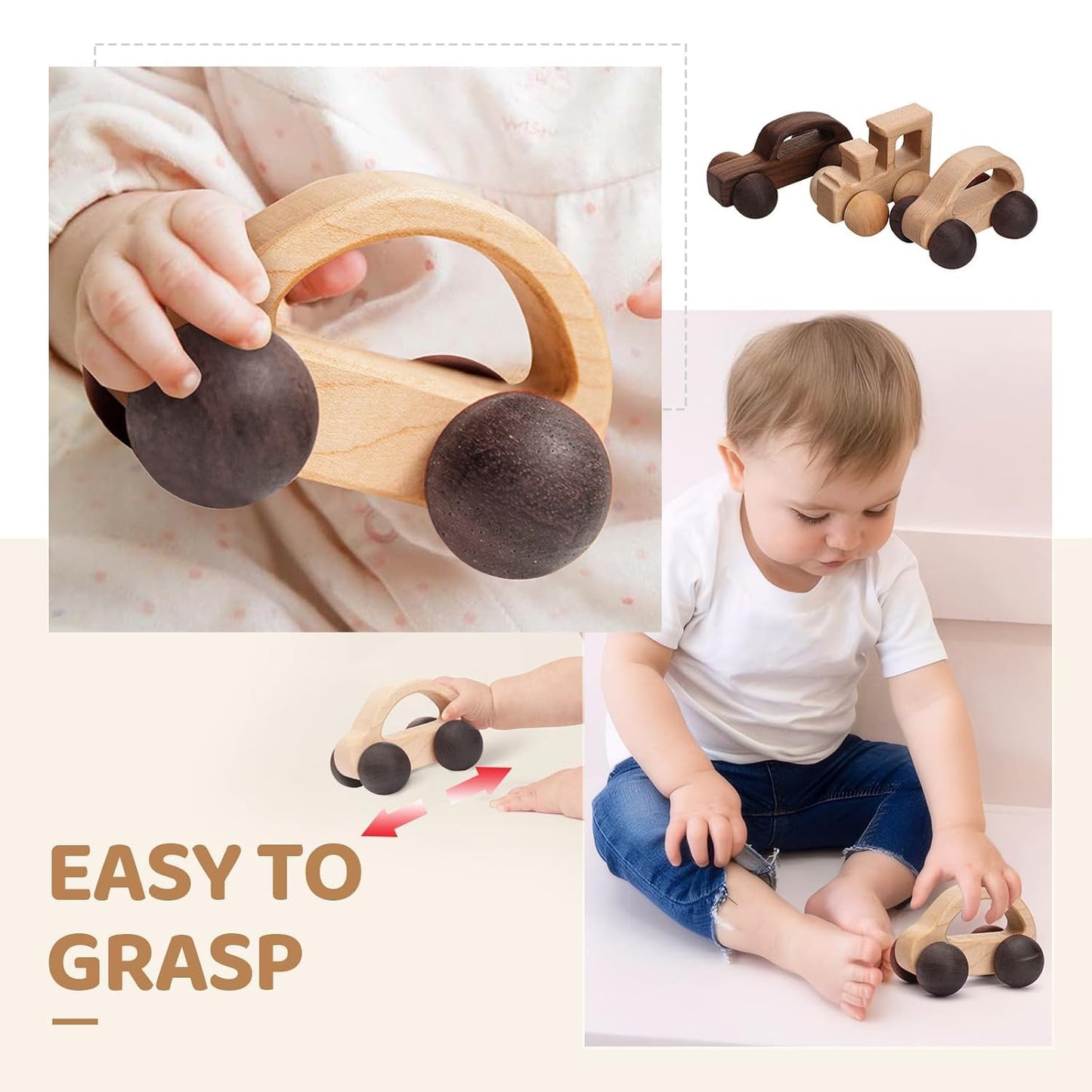 Wooden Toy Car Set for Babies & Toddlers, Montessori Wooden Vehicles with Bus, Airplane & Boat Plus Baby Push Cars, Educational Grasping Toys, Birthday