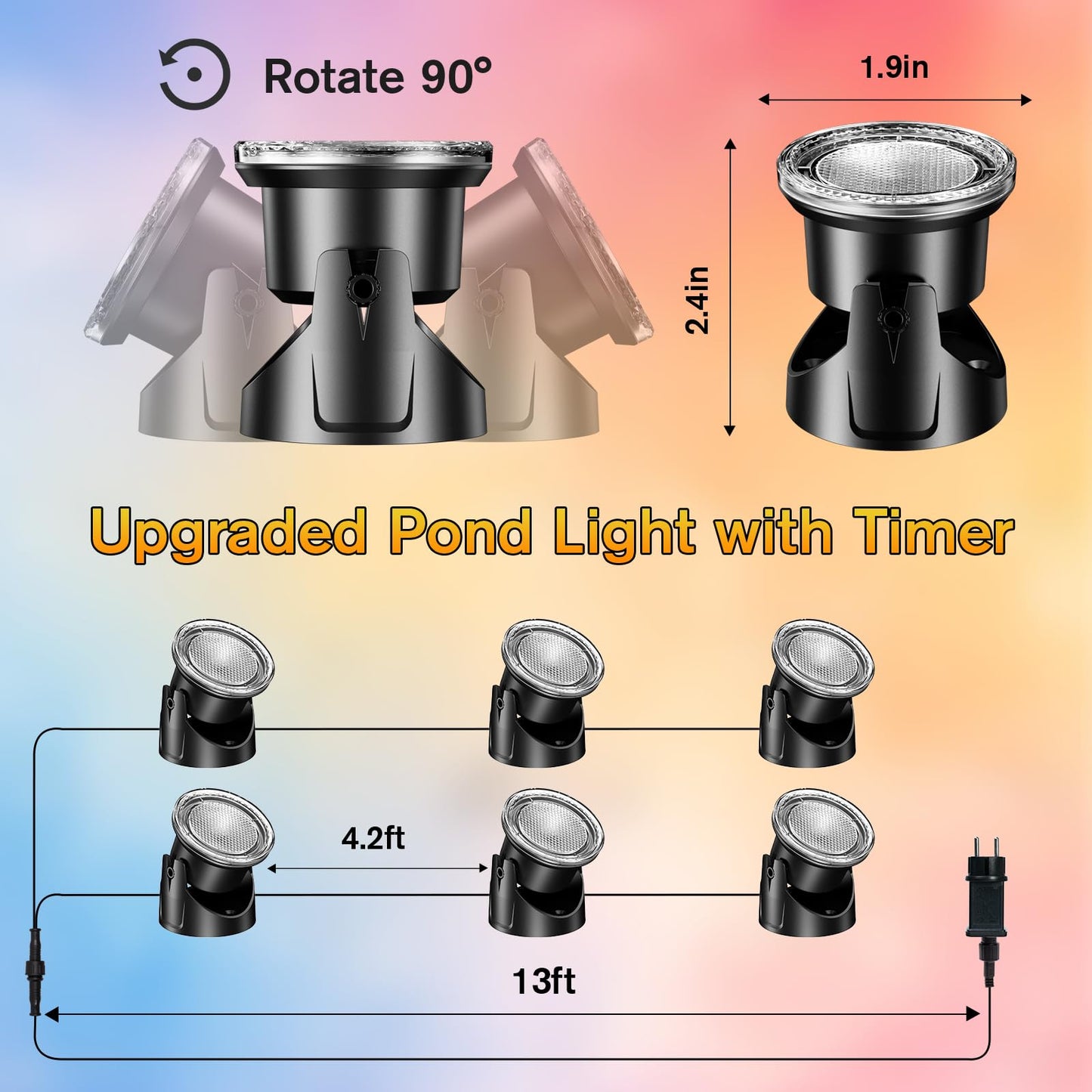 POPOSOAP LED Underwater Pond Lights 6-Head, IP68 Waterproof Pond Lights with Timer, 90° Rotatable Design & Gravity Base Fountain Lights for Pond Fountain Waterfall Aquarium Pool -P66HZ