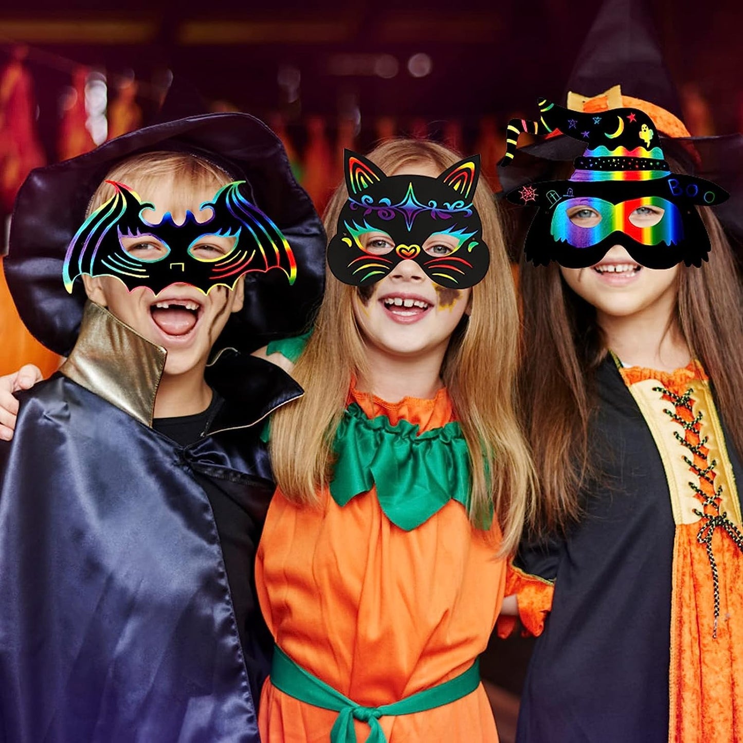 Max Fun 48PCS Halloween Crafts for Kids Kit, Rainbow Scratch Art and Crafts Mask, Birthday Cosplay Classroom Decoration, Magic Scratch Paper Halloween Party Favors Supplies Bat Witch Pumpkin Zombie