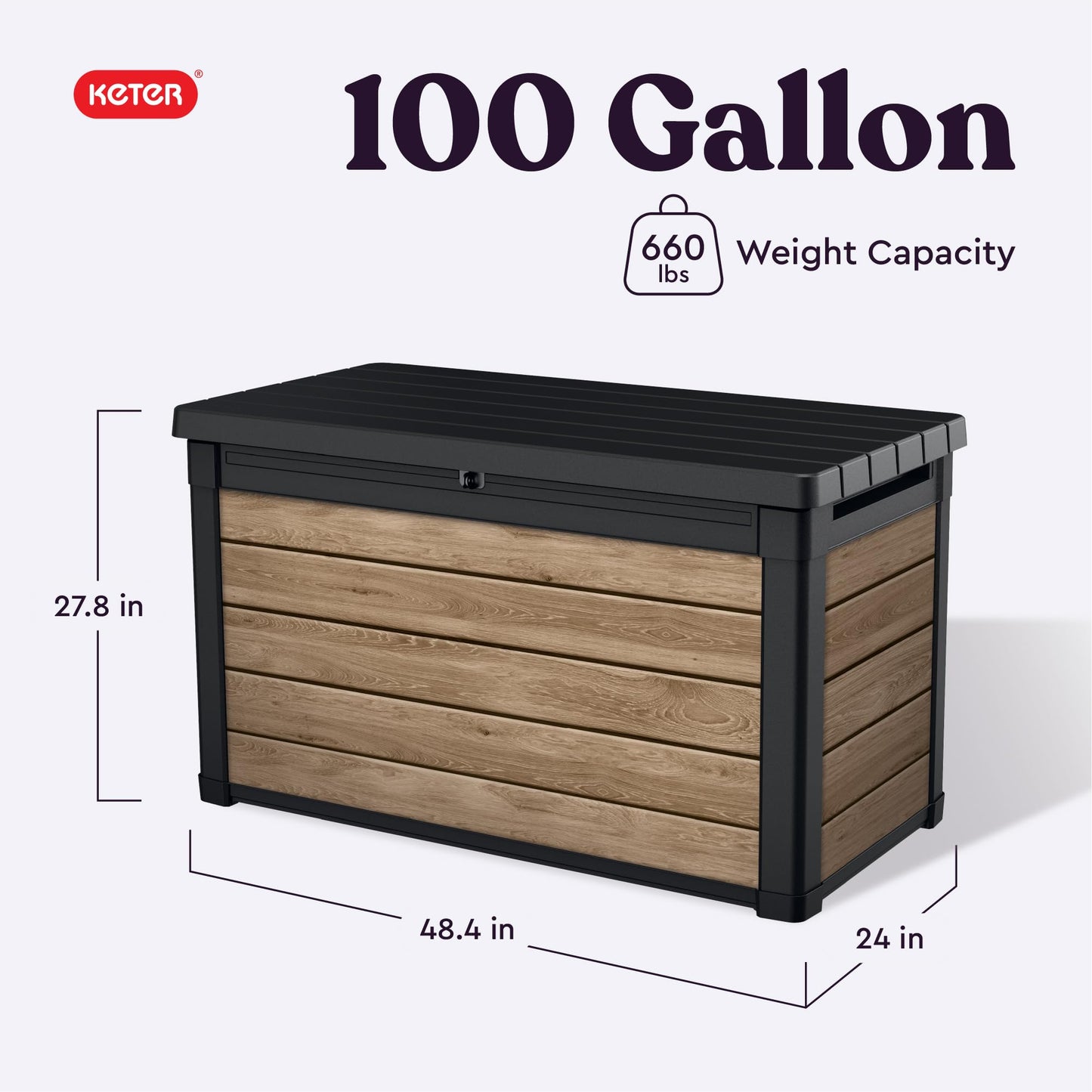Keter Ashwood 100 Gallon Resin Deck Box Organization and Storage for Patio Furniture Outdoor Cushions, Throw Pillows, Garden Tools and Pool Toys, Brown
