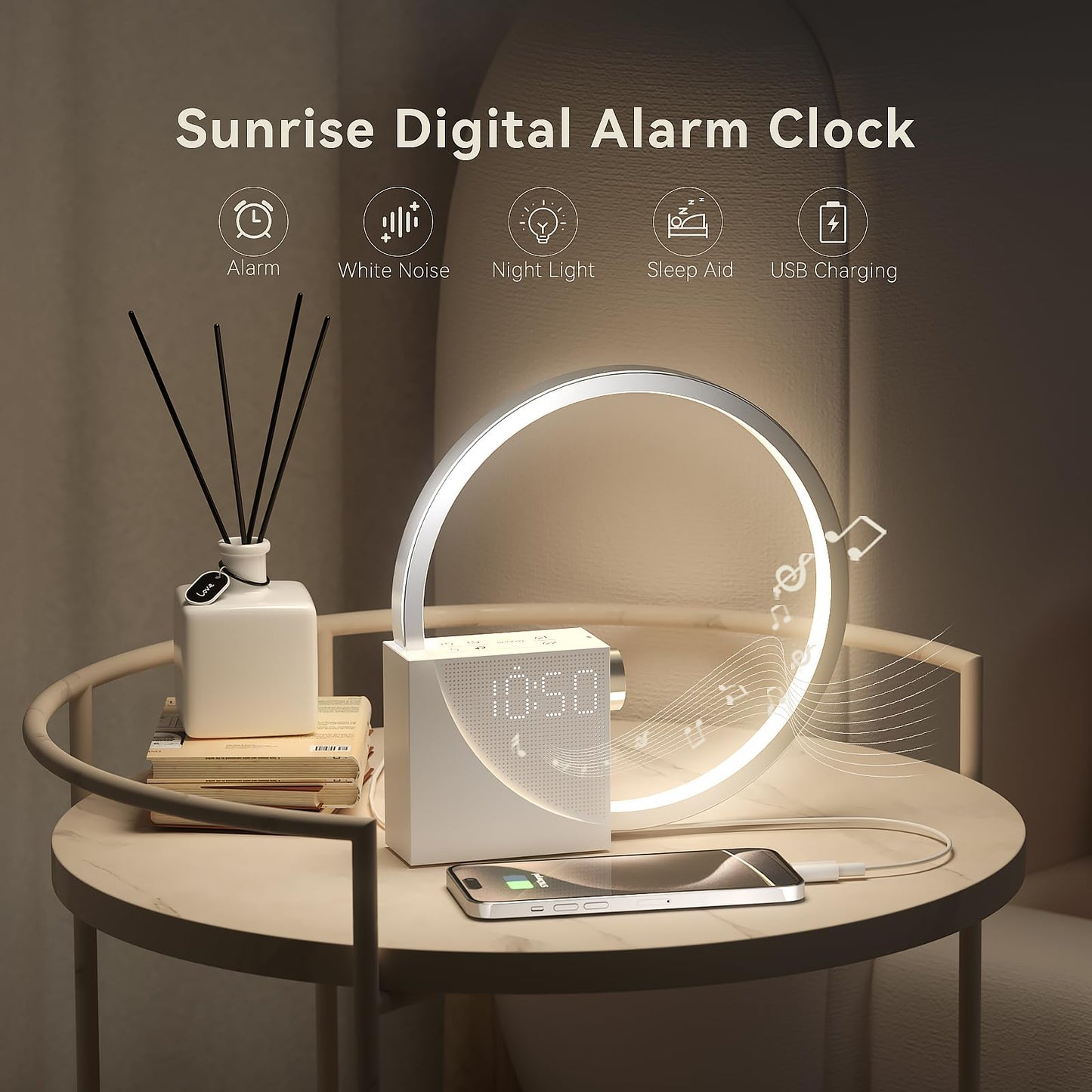 Vivilumens Sunrise Digital Alarm Clock, White Noise Sound Machine, Sleep Aid Timer with USB Port, Dimmable Digital Clocks Display, Snooze,10 Ringtones for Heavy Sleepers, Bedroom Decor Gifts for Women