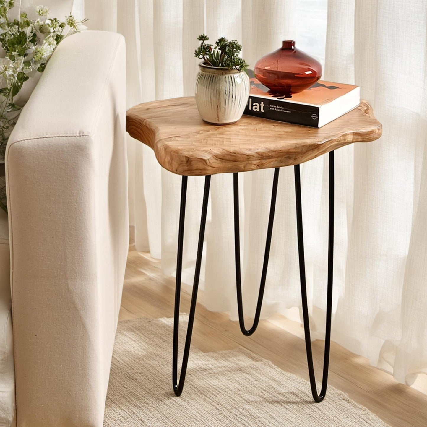 WELLAND Live Edge Cedar End Table, Unique Desktop Side Table,19" L x 16" W x 20.5" H Nightstand, Plant Stand for Living Room, Bedroom, Home Office, Patio