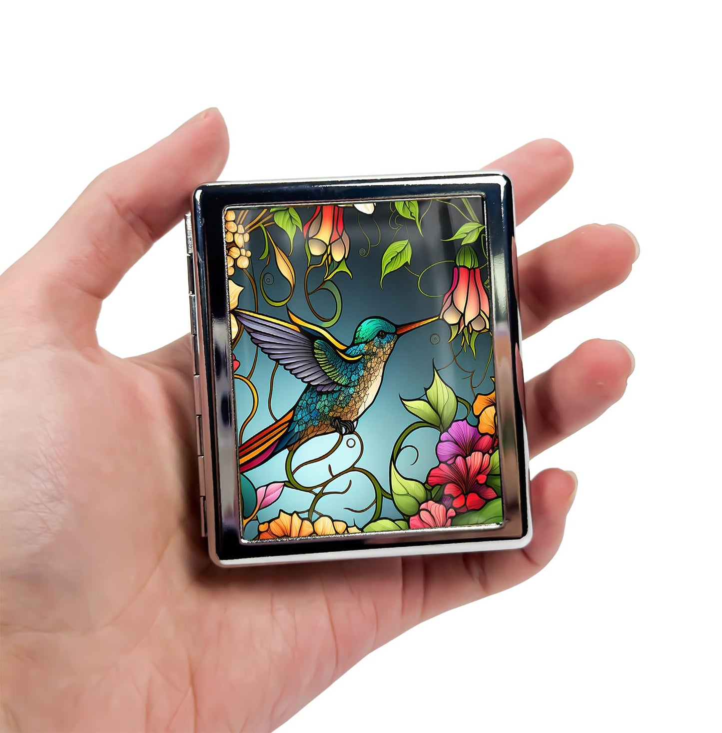 HowGuu Travel Pill Organizer Small Pill Case for Purse Essentials 7 Days Cute Pill Box with Mirror Portable Pill Box for Pocket or Purse Pill Containe Travel Gifts (Stained Glass Hummingbird)