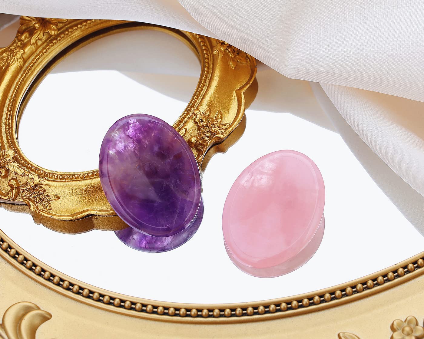 QINJIEJIE 2PCS Thumb Worry Stones for Anxiety Healing Crystals Rose Quartz Amethyst Hand Carved Stones Pocket Meditation Oval Crystal Natural Reiki Relax Palm Stone Therapy Stocking Stuffers Adults