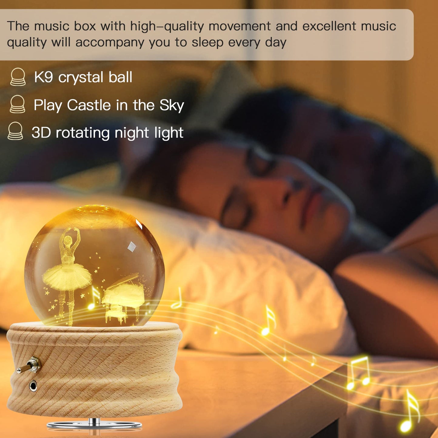 Hwawhin 3D Crystal Ball Music Box with Projection LED Light and Rotating Wooden Base for Christmas, Birthday, Valentine's Day - Music Boxes for Women, Mums and Girls