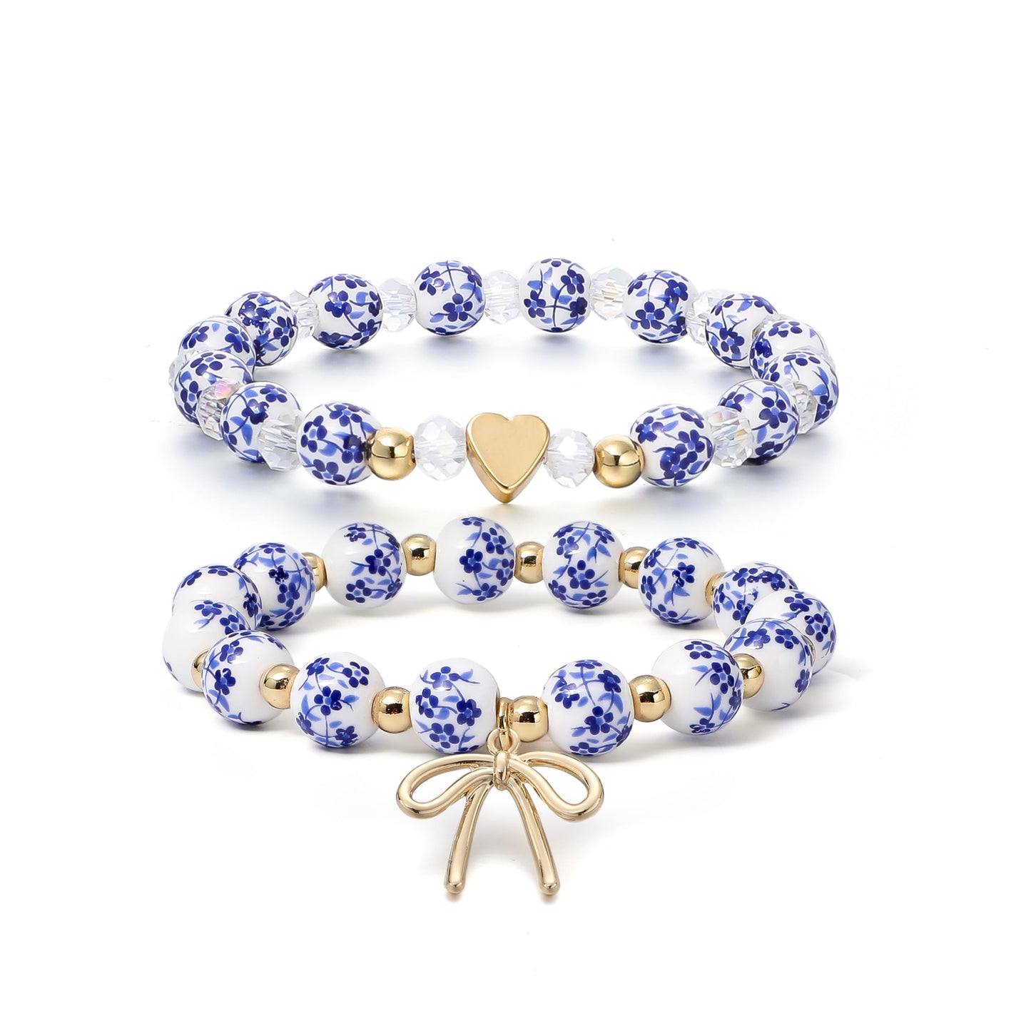Dainty Bow Charm Beads Bracelet for Women Blue And White Vintage Ceramics Flower Bracelet Handmade Stretch Cute Beaded Romantic stackable Jewelry Gifts