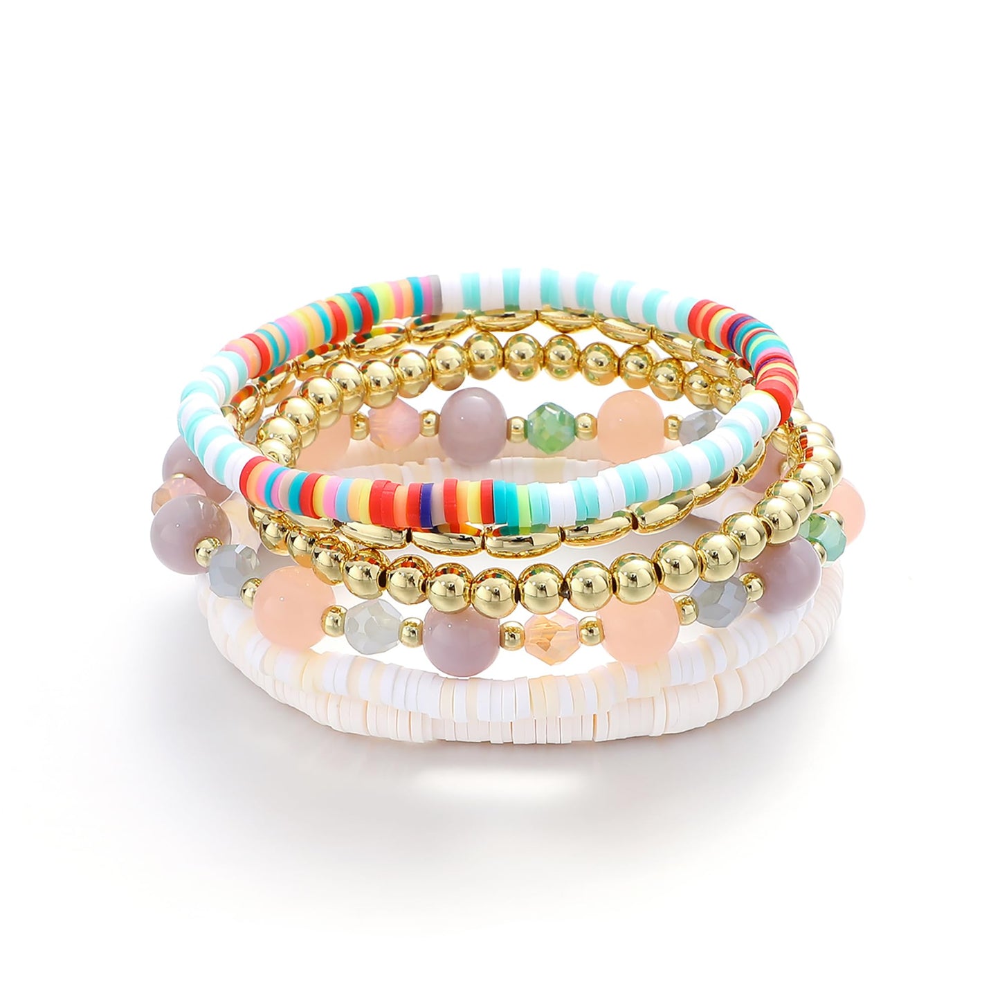 RISHEGAE Heishi Beaded Stretch Bracelets for Women Stackable Polymer Clay Beads Bracelets Friendship Boho Summer Beach Bracelet Jewelry Set (F-Colorful Bead)