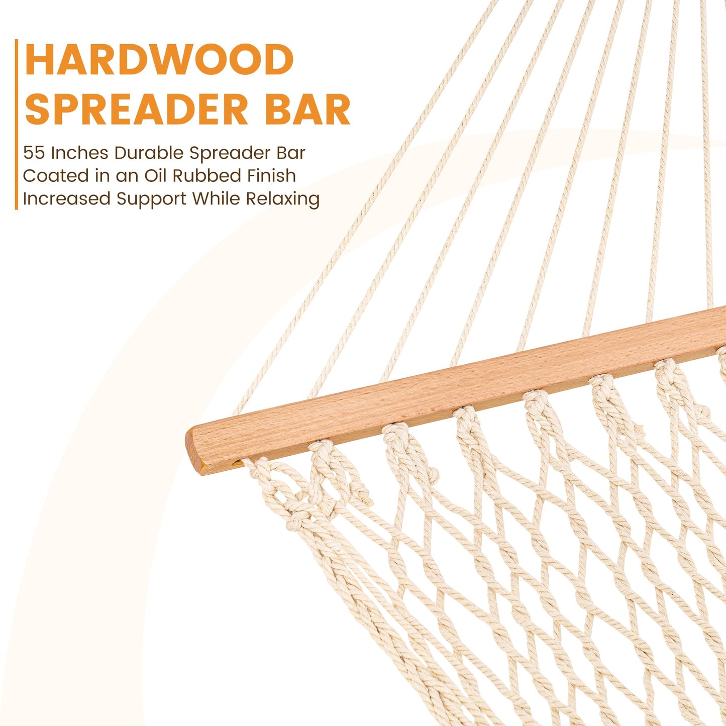 Lazy Daze Hammocks Double Rope Hammock, 2 Person Traditional Outdoor Hand Woven Cotton Rope Hammock with Spreader Bar, Carabiners, Tree Straps, Chains for Patio Yard - Max 450 Lbs, Natural