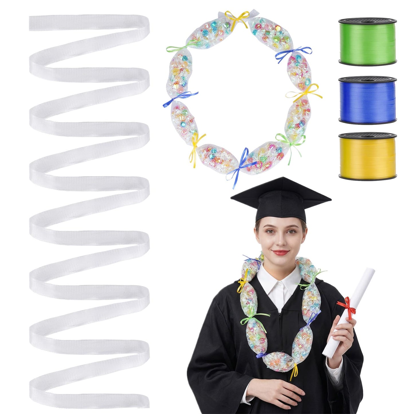 Sucrain 131 FT 2026 Graduation Candy Lei Netting Tubing,1 Roll Clear Graduation DIY Hawaiian Lei Mesh Bags with 3 Colors Ribbon Making Kit for Graduation Party Lei Kit DIY Wreaths Wedding Supplies