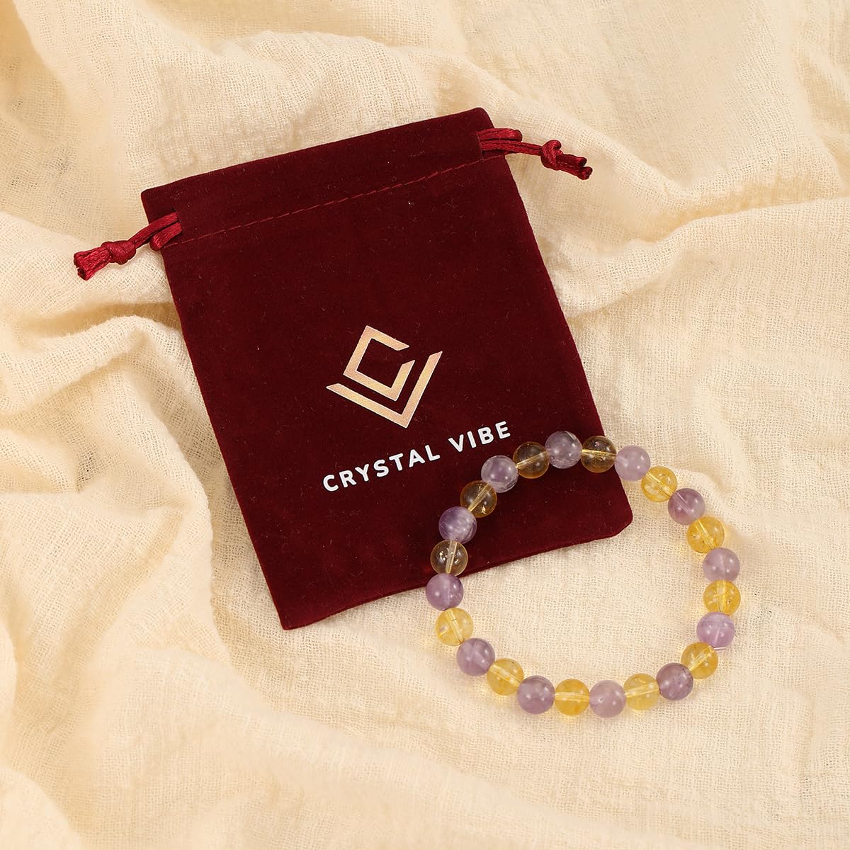 Crystal Vibe Citrine and Amethyst Crystal Bracelet for Birthday - 8mm Beaded Bracelet for Spirituality and Success - Healing Chakra Gifts for Women - Elastic Adjustable Size