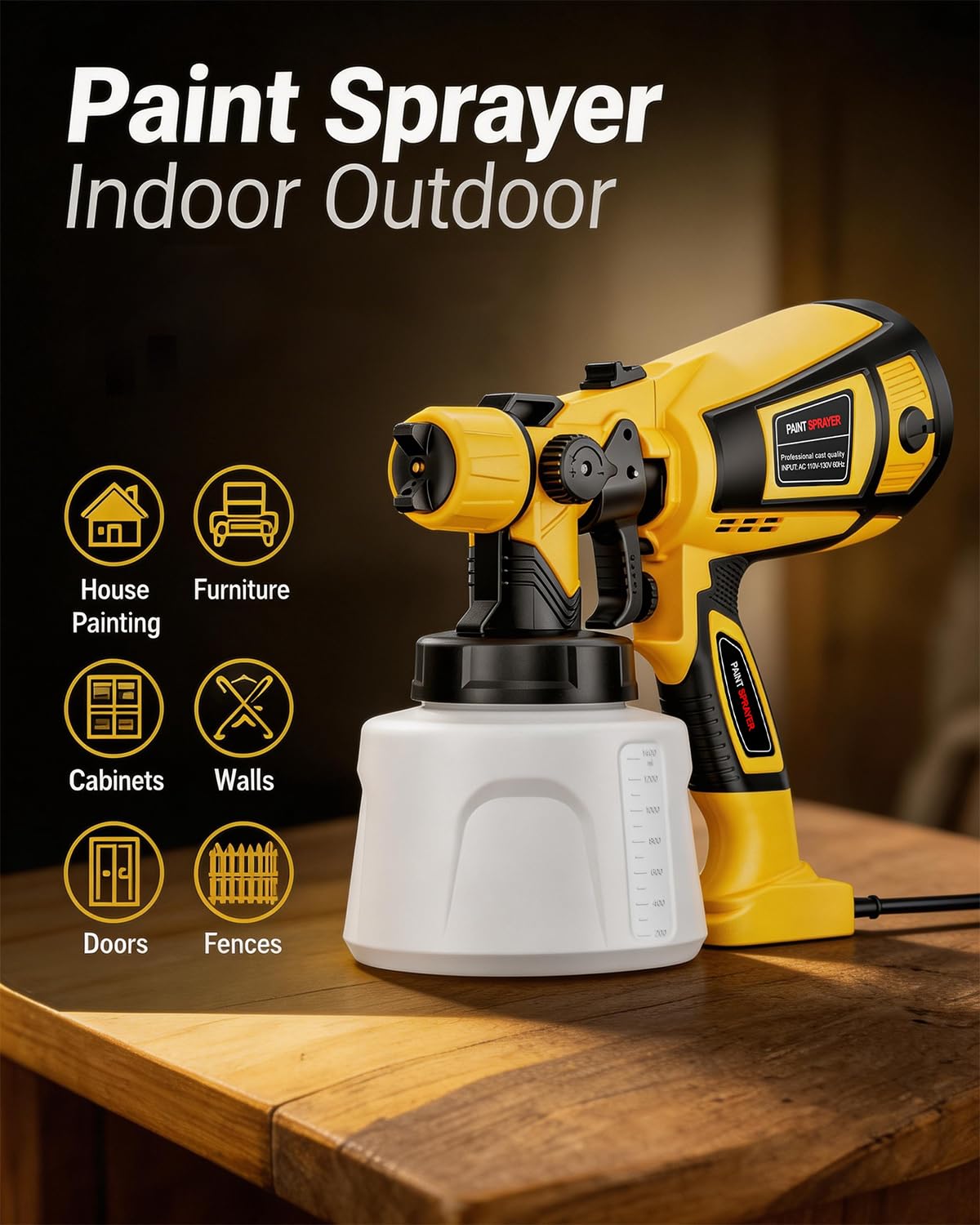 Paint Sprayer Indoor Outdoor, 1000W Electric Handheld HVLP Spray Paint Gun with 3 Patterns 6 Nozzles, Easy to Clean & Use, Stain Sprayer for House Painting, Furniture, Cabinets, Walls, Doors, Fences
