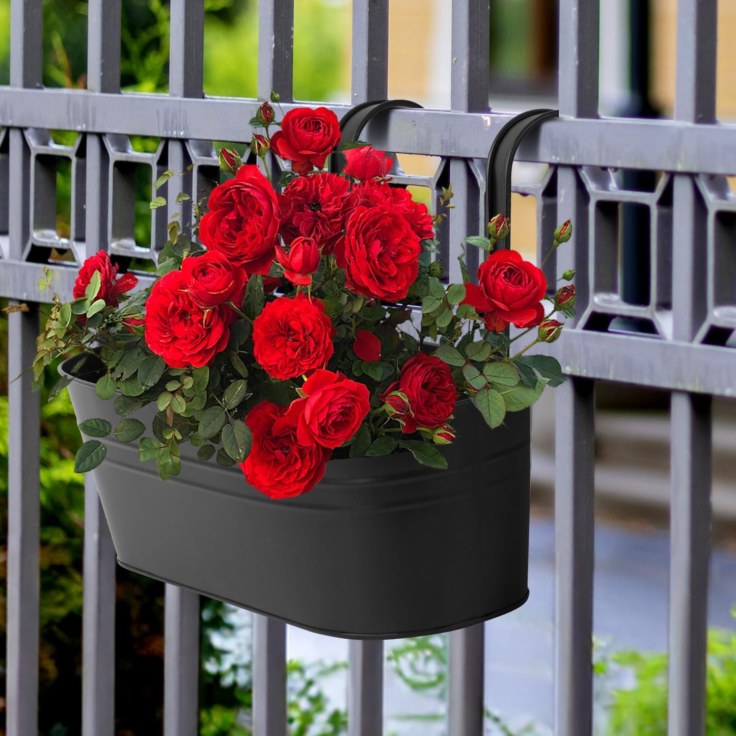 Zishine 15.7 Inch Metal Iron Hanging Flower Pots 3 Pcs Iron Railing Fence Planter with Drainage Holes and Hooks Metal Hanging Bucket Pots for Porch Railing Balcony Fence(Black) (3, Black)