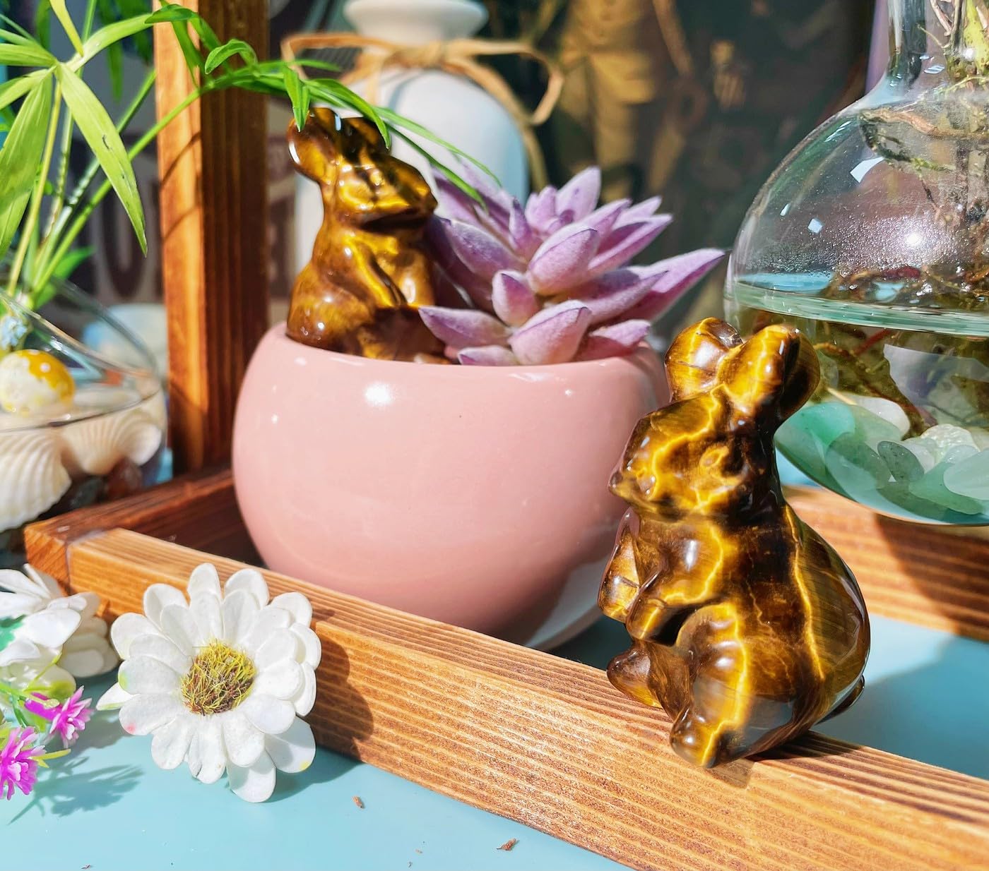 DUQGUHO Tiger Eye Bunny Decor Crystals Rabbit Statue Pocket Polished Natural Gemstone Crystals Figurines for Easter Decoration Office Room Desk Decor 1.5’’ Gifts for Women 1PC