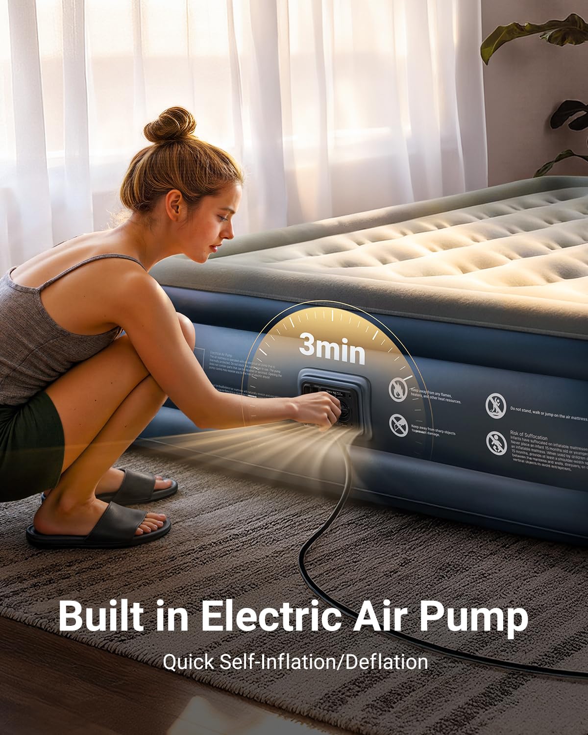iDOO Queen Air Mattress with Built in Pump, 18 Raised Comfort Inflatable Blow up Mattress, Upgraded Support Structure Portable Air Bed for Camping, Guests and Home, Colchon Inflable, Gift for Mom