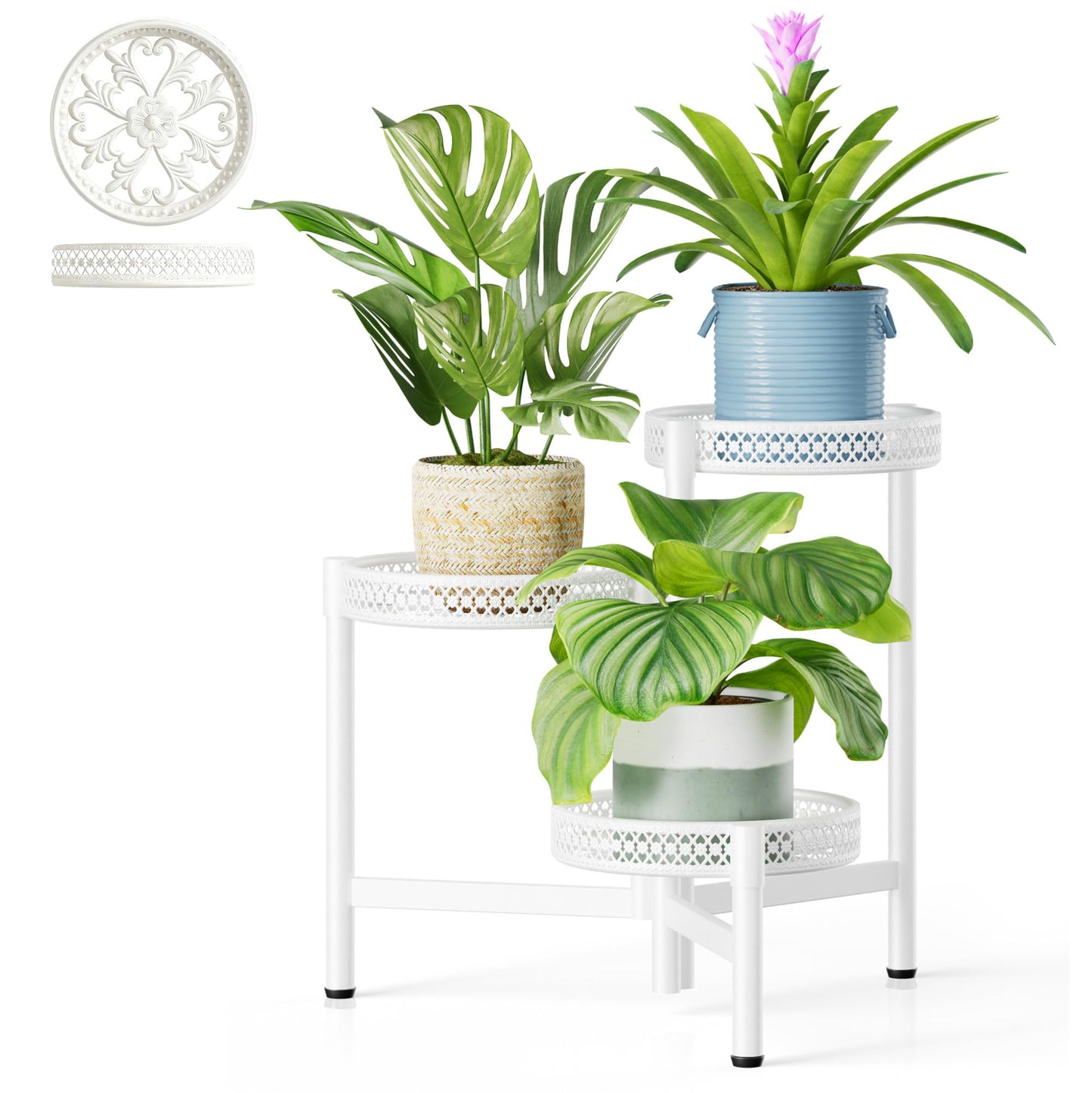 NQW 3 Tiered Tall Plant Stand Indoor Outdoor, Metral Plant Shelf for Corner Display Rack, Multi-Tier Folding Planter Pot Holder Flower Stand for Living Room Balcony Garden Patio - WhiteWave