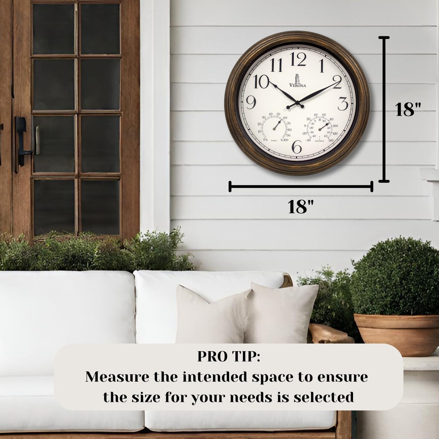 Outdoor Clocks for Patio Large Waterproof with Thermometer - 18 inch Indoor Outdoor Wall Clock with Temperature and Humidity Combo - Weatherproof, Accurate & Easy to Read for Pool, Garden & Home Decor