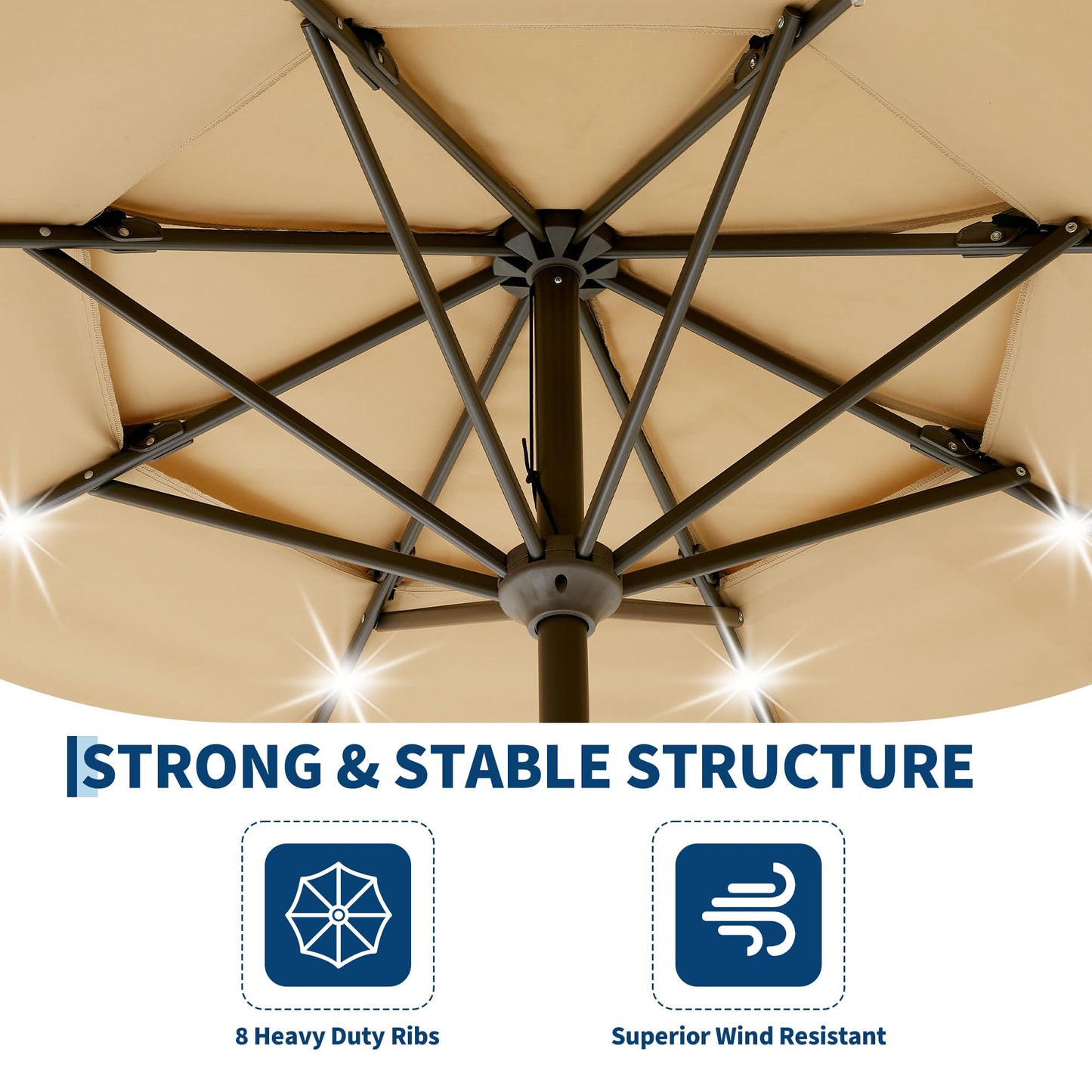 Garvee 9ft Patio Umbrella with Solar Lights, 3-Tier Patio Table Umbrella Outdoor with LED Lights, Ventilation, Easy Crank & Tilt, 8 Sturdy Ribs, UV Protection, Large Patio Umbrella for Deck, Pool