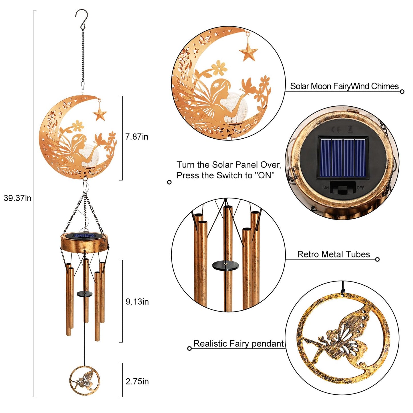 Solar Moon Fairy Wind Chimes, Moon Gifts Mothers Day for Mom Women Men Sympathy Birthday, Hanging Outdoor Decor Cracked Glass Ball Memorial Large Wind Chimes for Garden Patio Porch