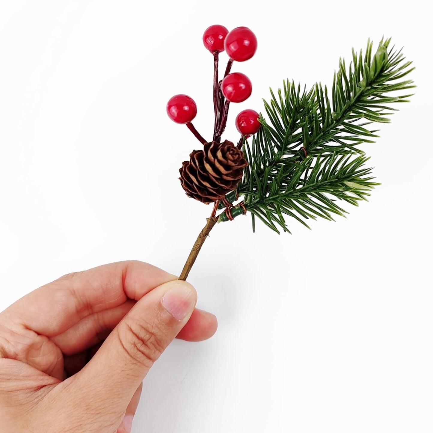 RONYOUNG 20PCS 5.7inch Christmas Berries Red Stems Pine Branches, Christmas Picks Artificial Pine Cones Holly Stem Craft Winter Holiday Floral Picks for Décor DIY Xmas Garland Wreath Ornament