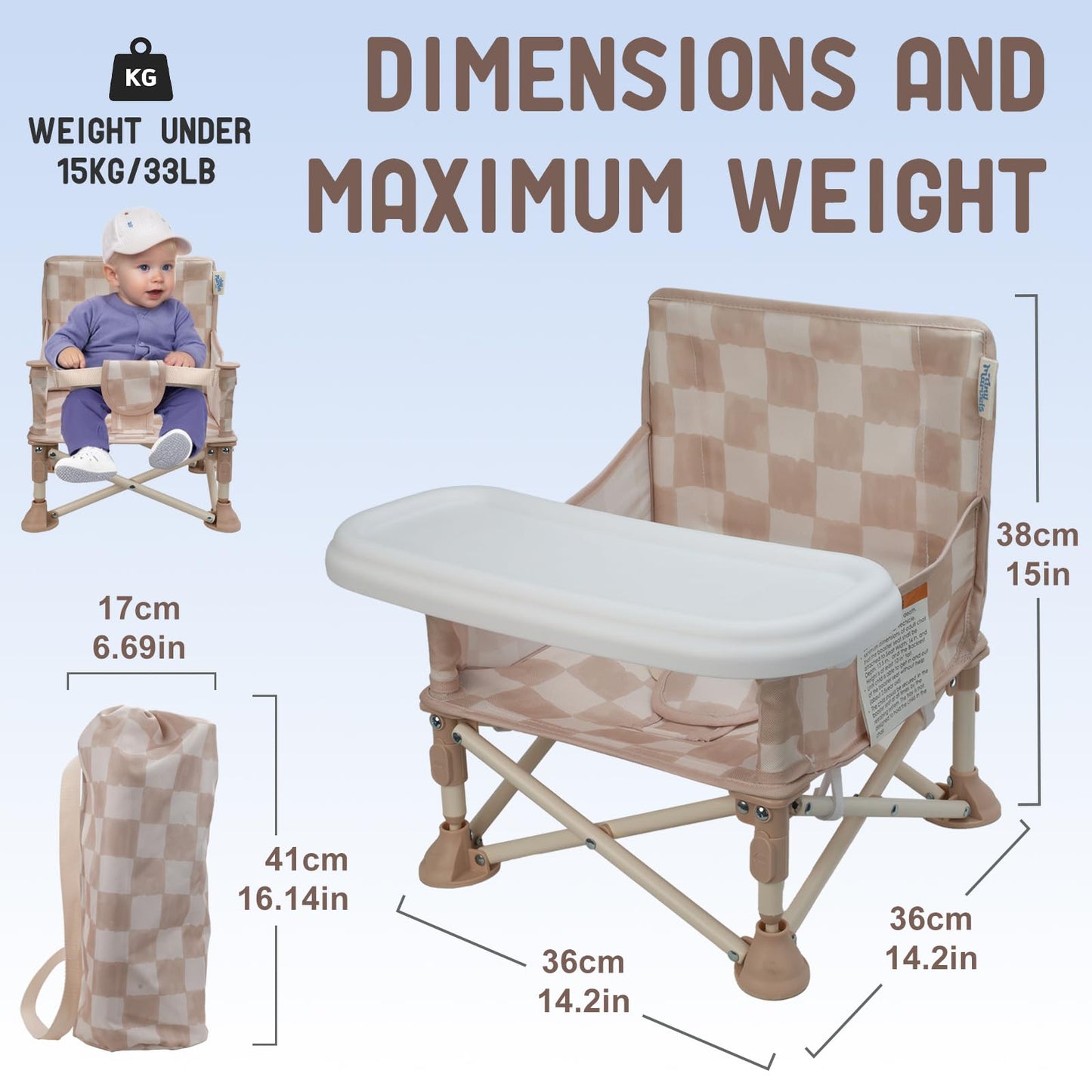 Tiny Marvels Portable 3-in-1 Baby Chair, Cozy Booster Seat, Baby Seat with Tray, Compact Foldable, Toddler Chair with Child Safety Belt Carry Bag, Perfect for Travel (Sand Checker)
