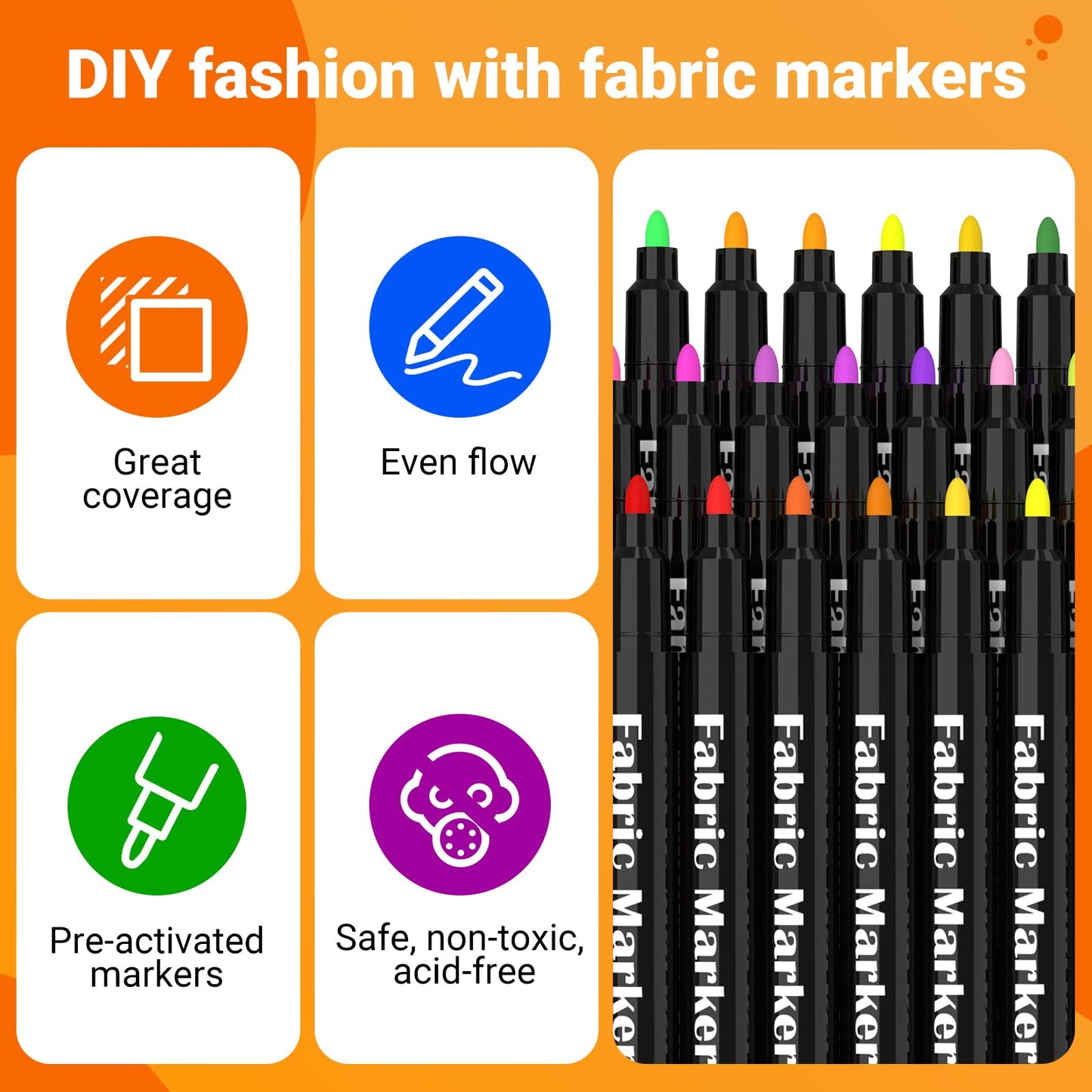 DAPAWIN 48 Fabric Markers, Fabric Markers Permanent for Clothes, Fine Tips Art Marker Set for Clothes Onesies Bibs White Pillow Canvas Tote Bags-Non Toxic, Indelible and Permanent Fabric Paint.